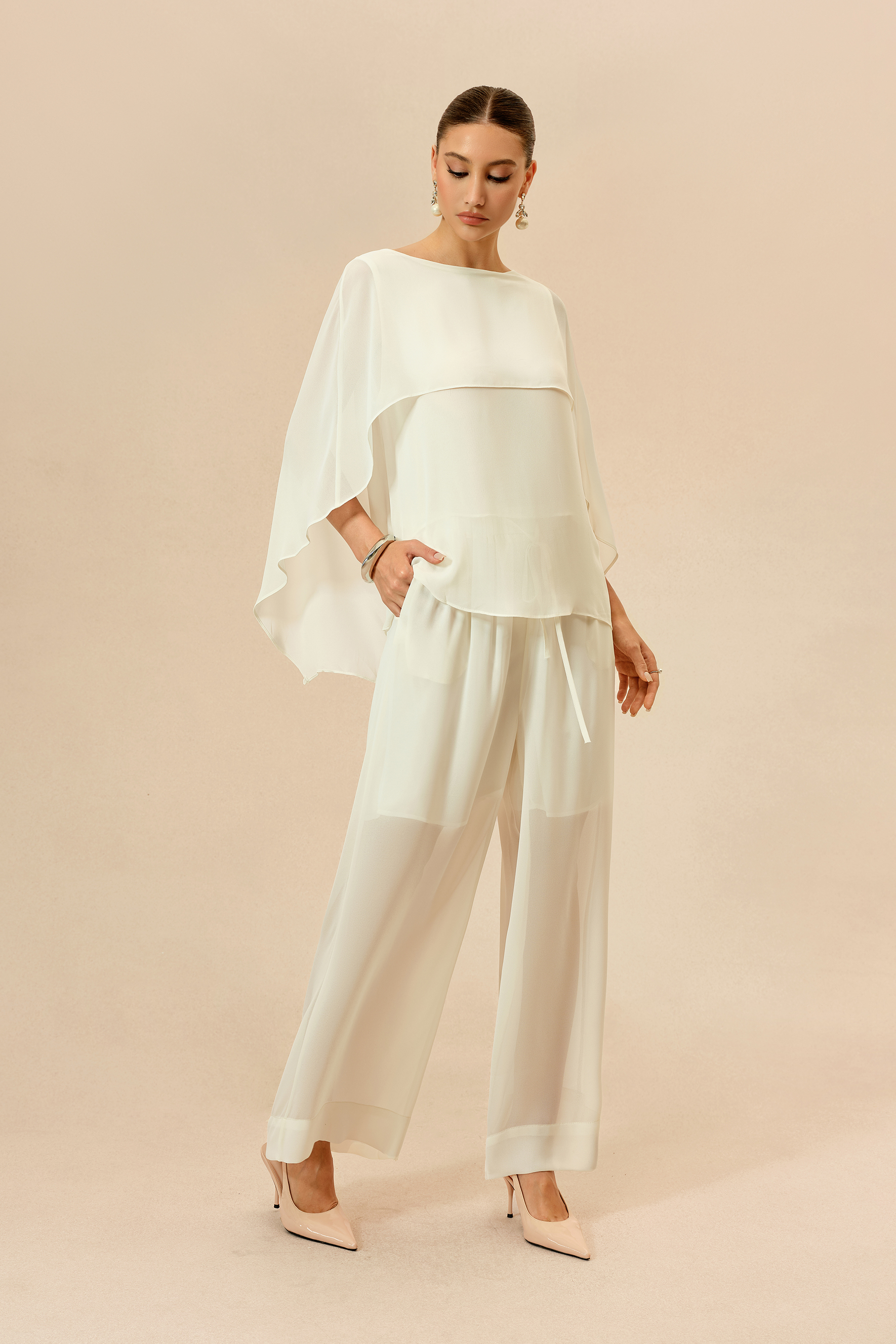 Love This Feeling Beige Sheer Layered Top & Wide Leg Pants Set