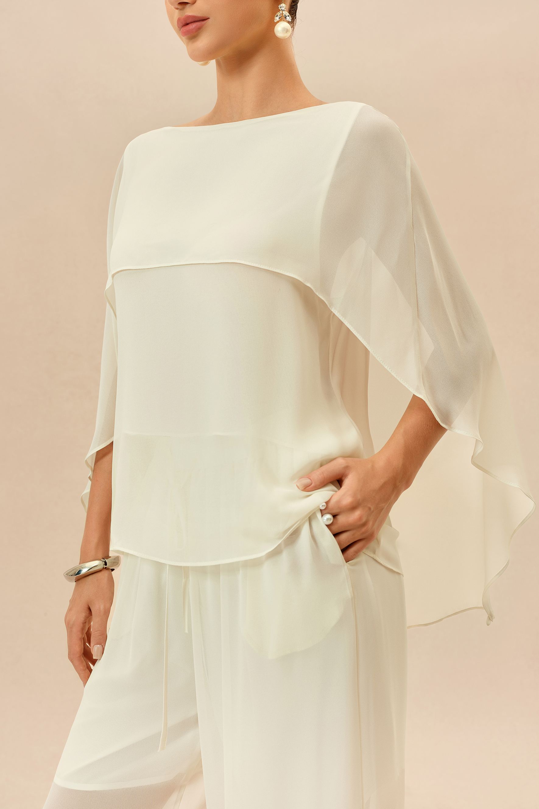 Love This Feeling Beige Sheer Layered Top & Wide Leg Pants Set