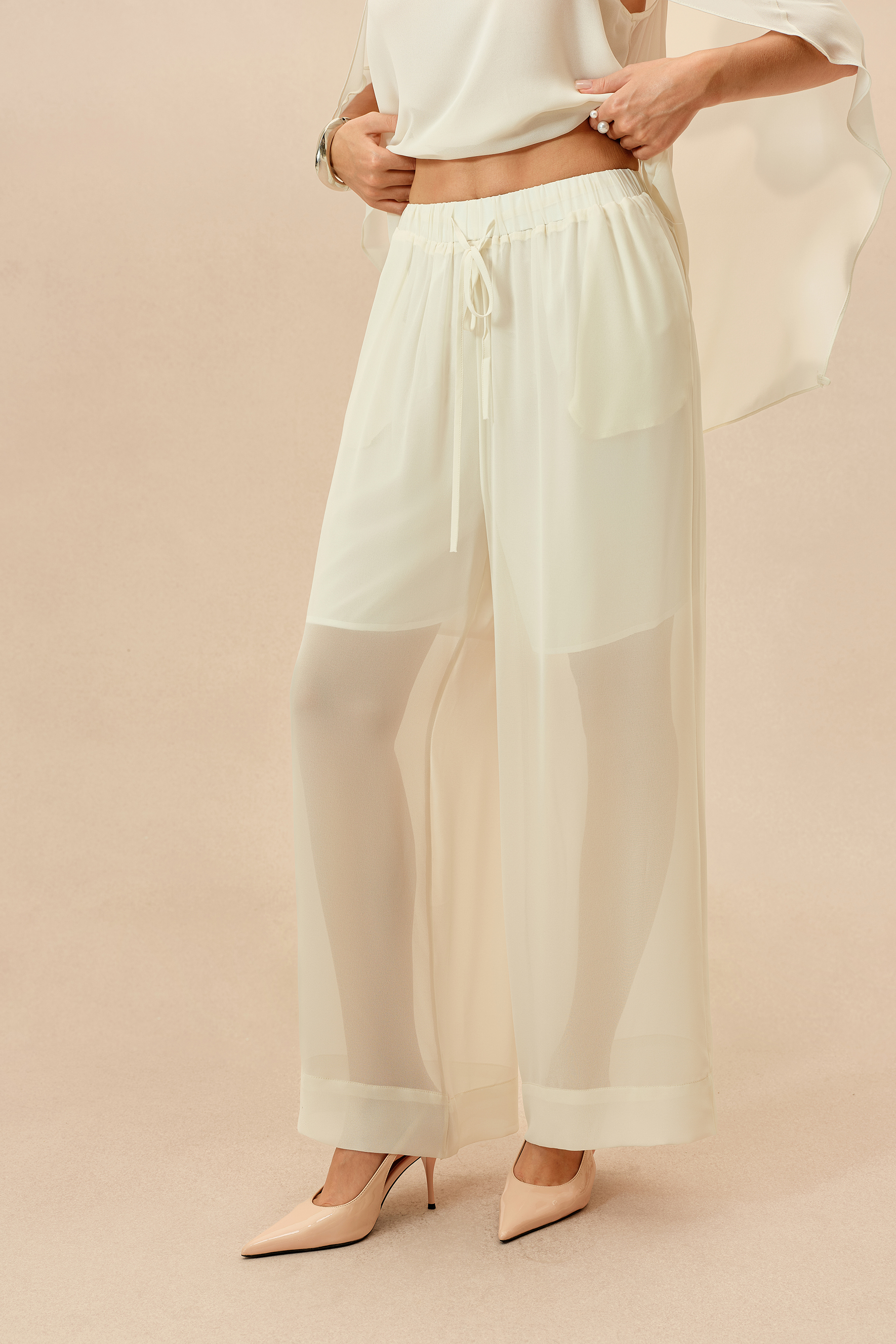 Love This Feeling Beige Sheer Layered Top & Wide Leg Pants Set