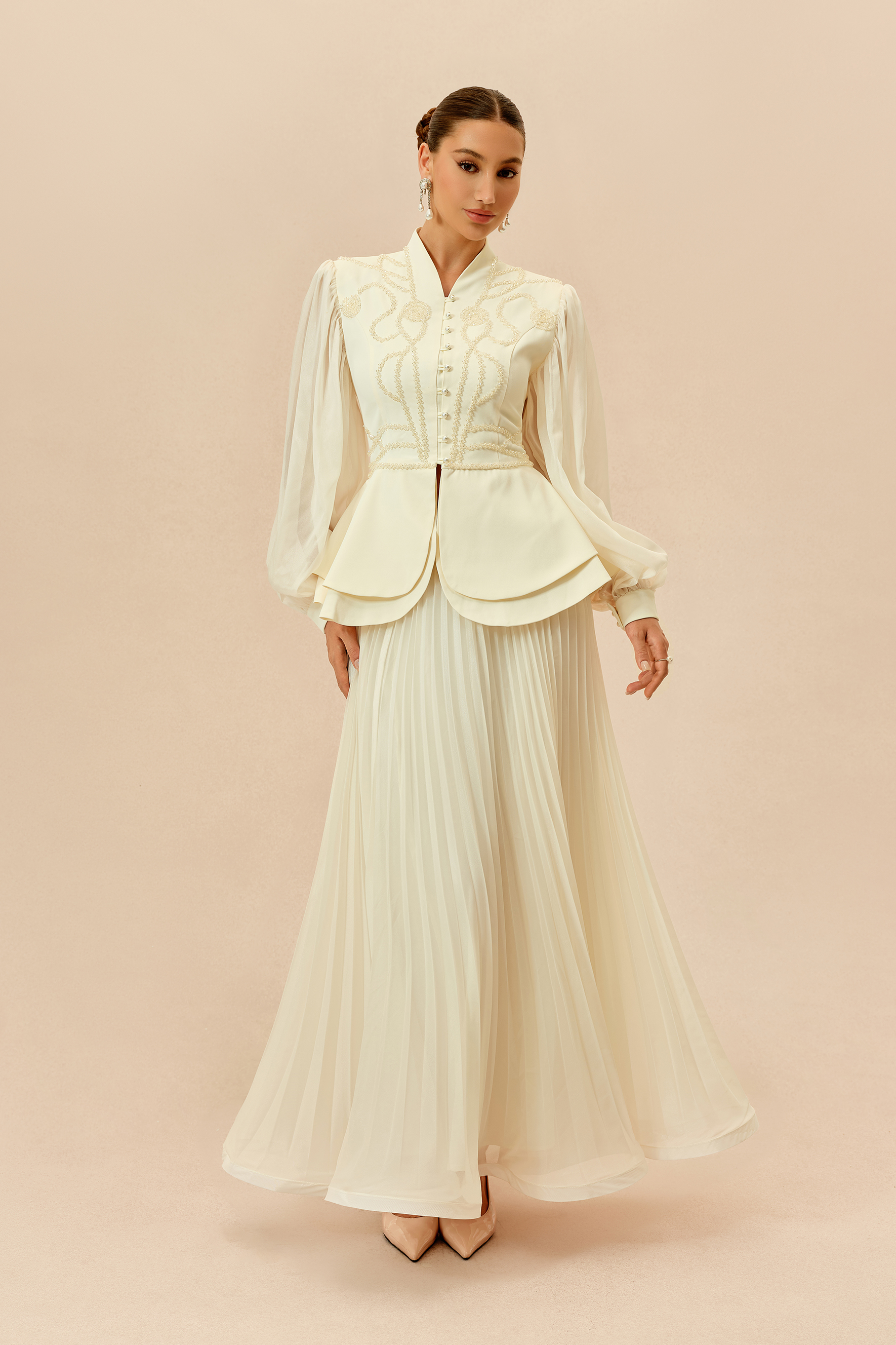 Always Graceful Beige Puff Sleeve Embroidered Top & Pleated Skirt Set