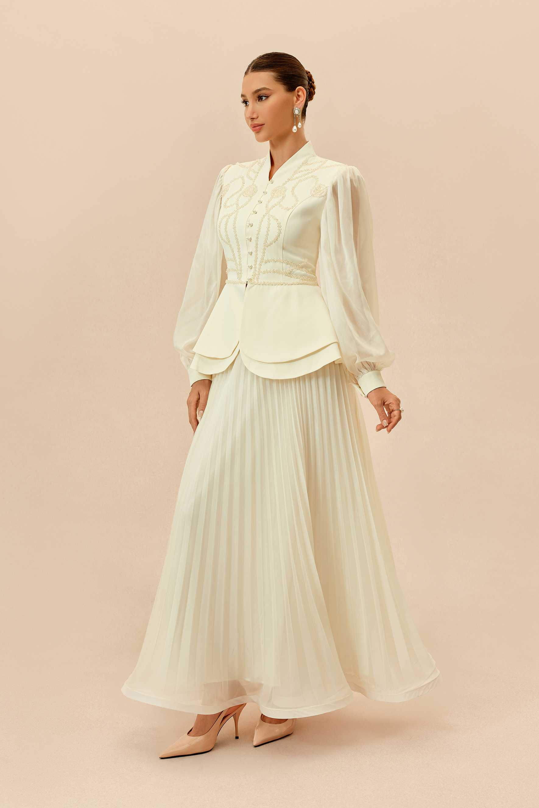 Always Graceful Beige Puff Sleeve Embroidered Top & Pleated Skirt Set