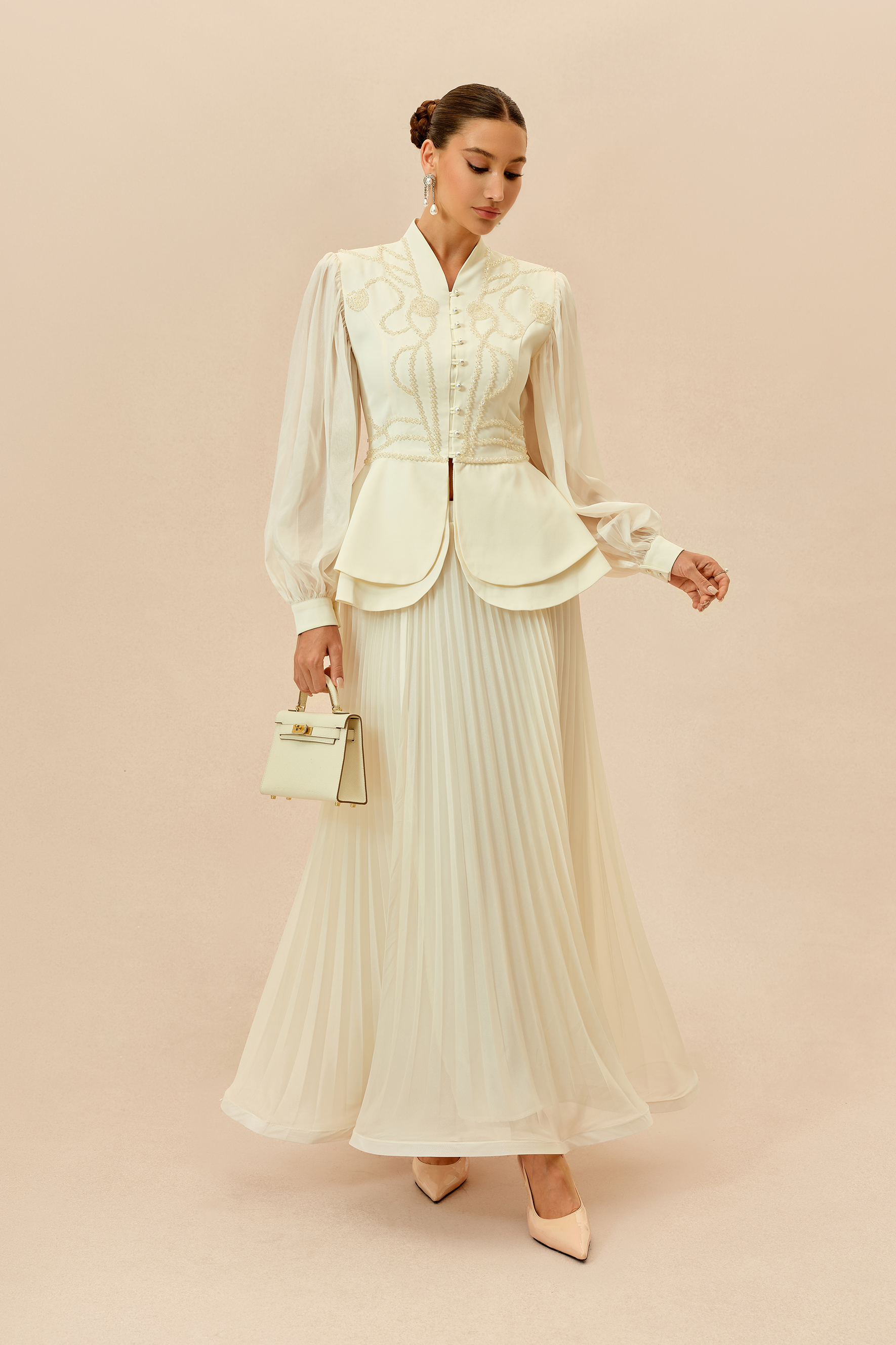 Always Graceful Beige Puff Sleeve Embroidered Top & Pleated Skirt Set