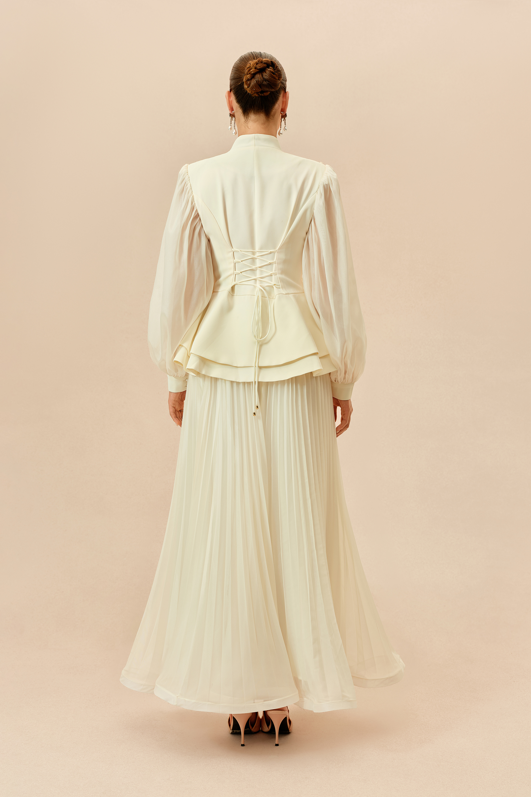 Always Graceful Beige Puff Sleeve Embroidered Top & Pleated Skirt Set