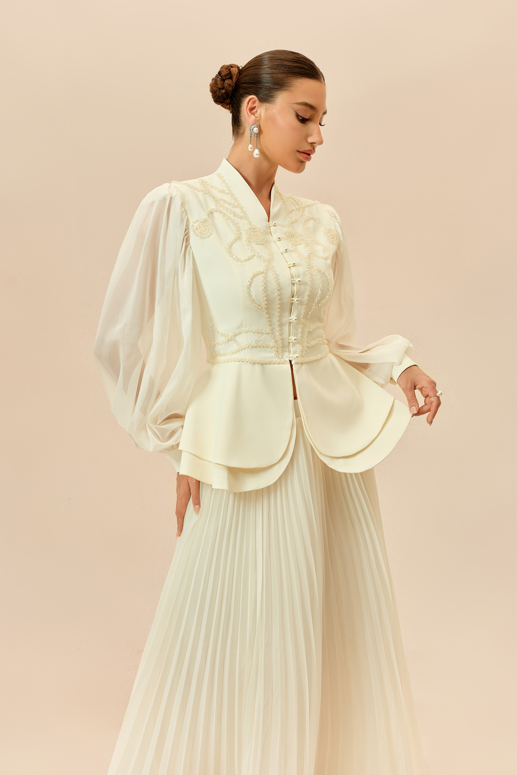 Always Graceful Beige Puff Sleeve Embroidered Top & Pleated Skirt Set