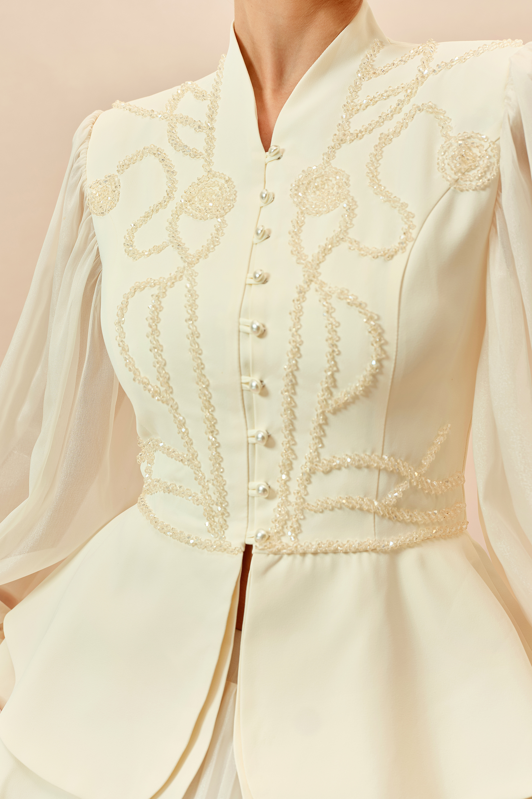 Always Graceful Beige Puff Sleeve Embroidered Top & Pleated Skirt Set