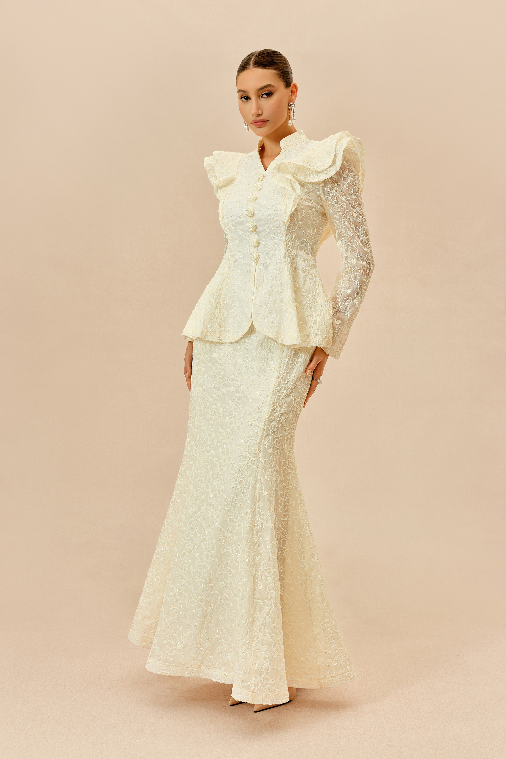 The Perfect Moment Beige Embroidered Lace Ruffle Top & Mermaid Skirt Set