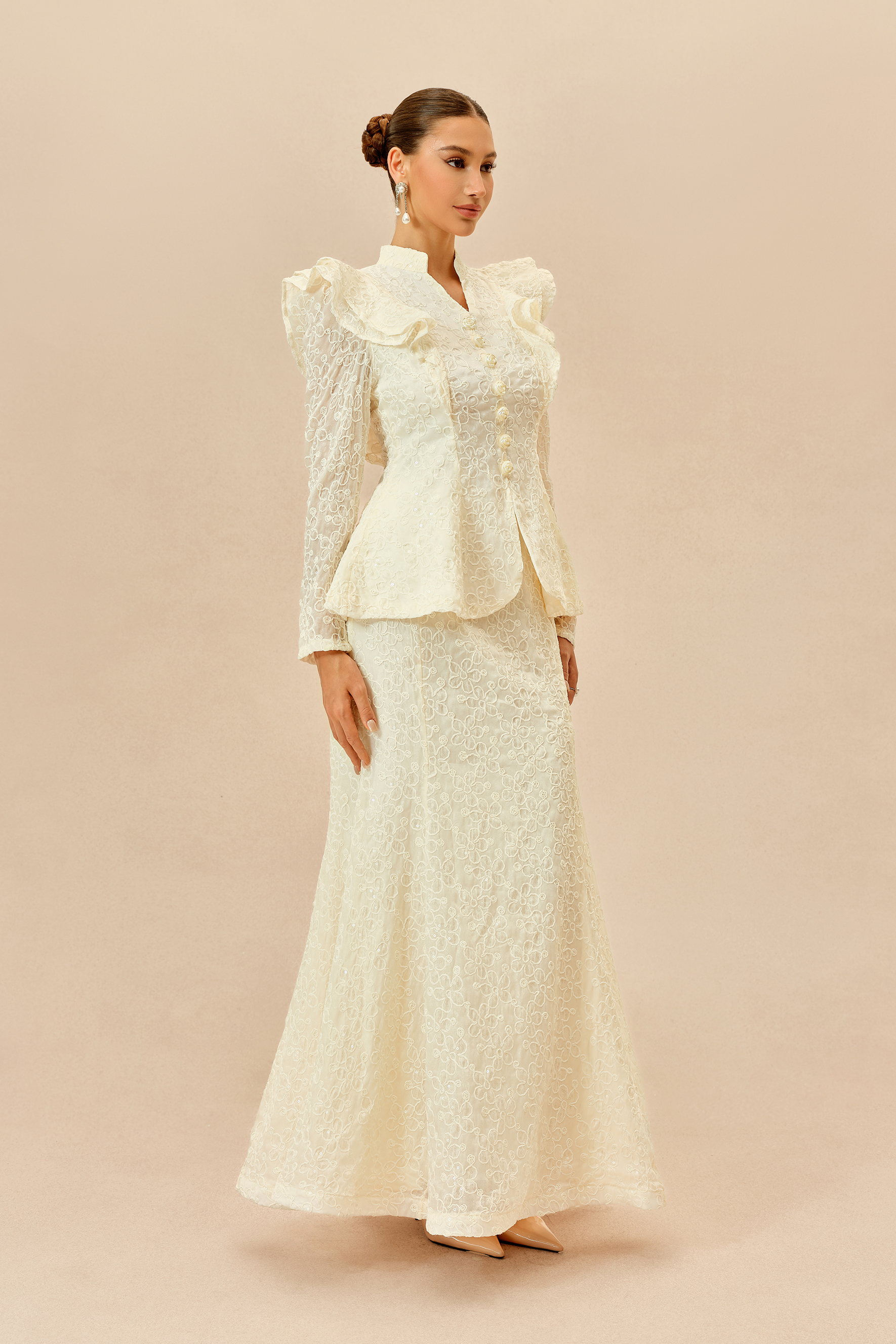 The Perfect Moment Beige Embroidered Lace Ruffle Top & Mermaid Skirt Set