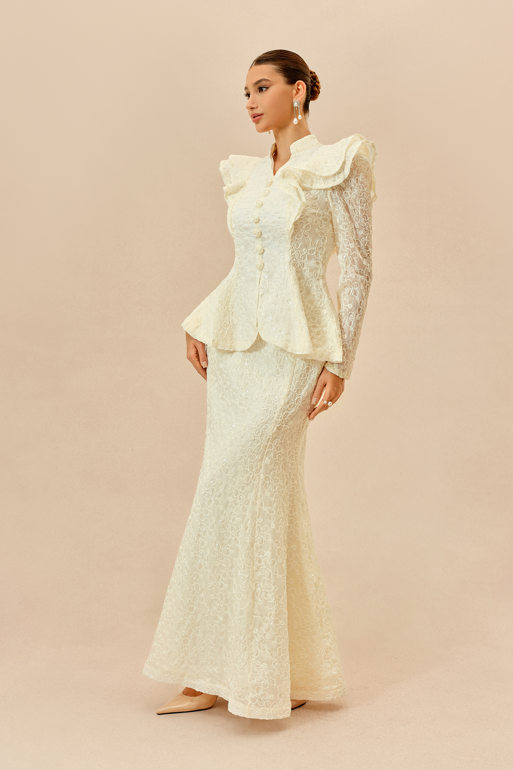 The Perfect Moment Beige Embroidered Lace Ruffle Top & Mermaid Skirt Set