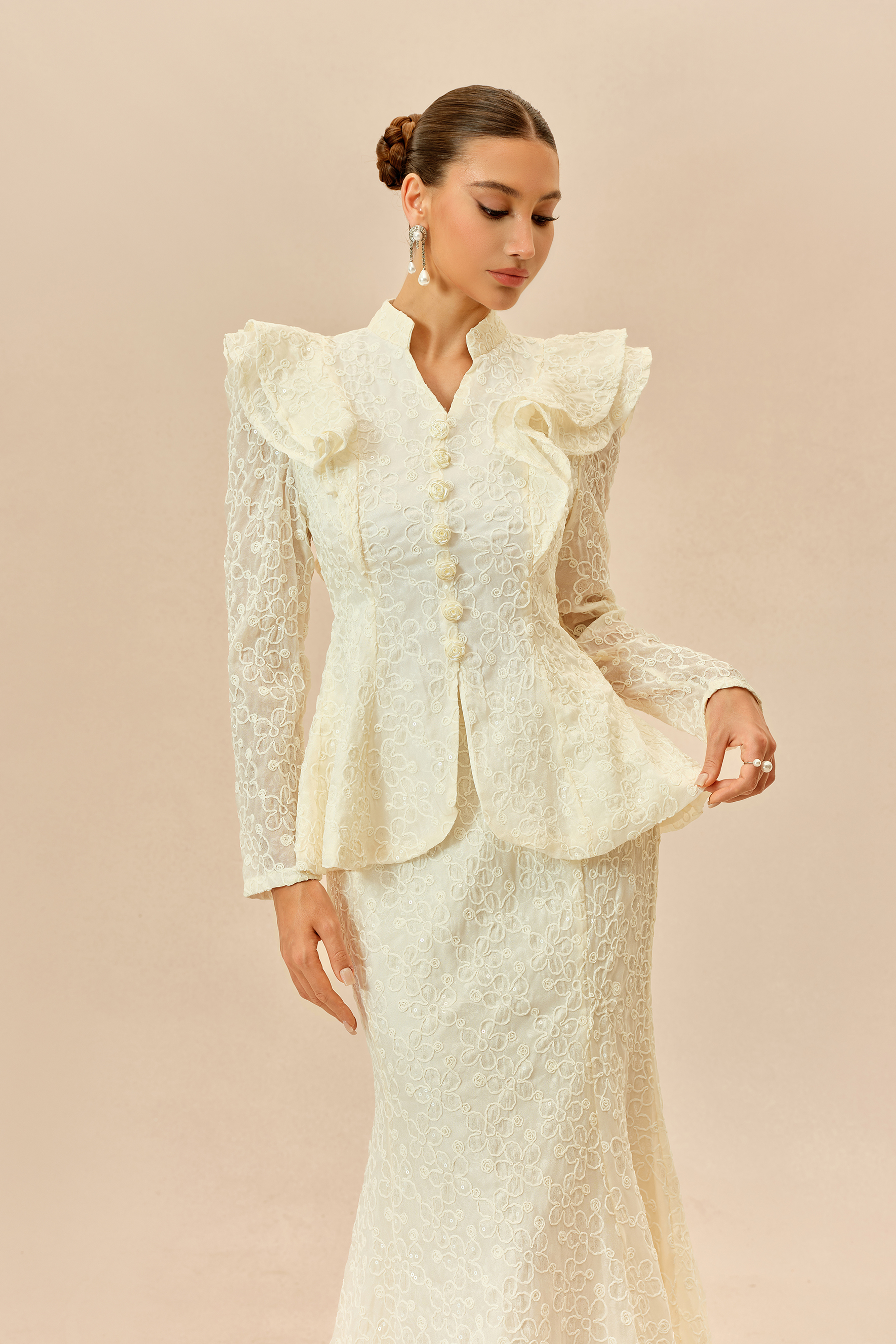 The Perfect Moment Beige Embroidered Lace Ruffle Top & Mermaid Skirt Set