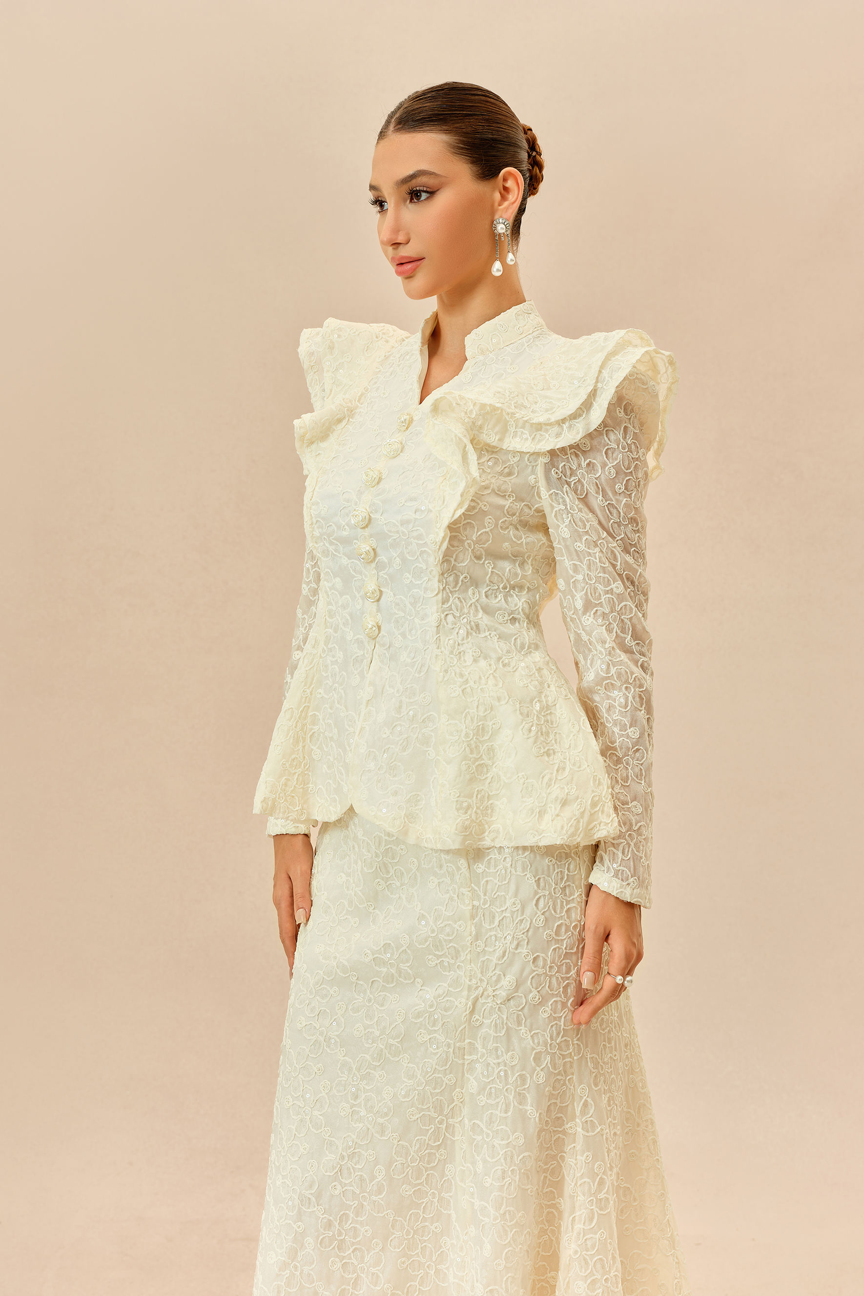 The Perfect Moment Beige Embroidered Lace Ruffle Top & Mermaid Skirt Set