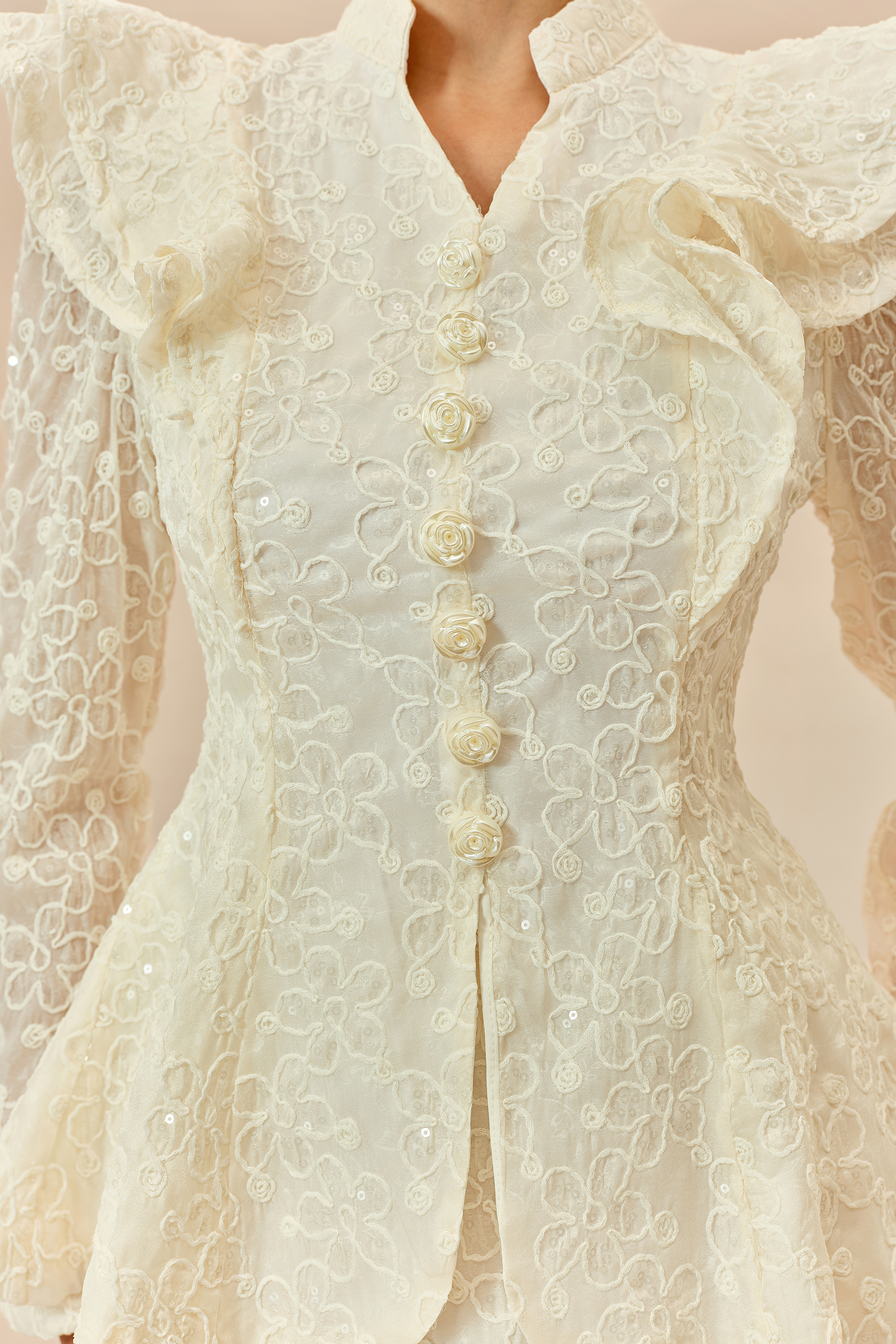 The Perfect Moment Beige Embroidered Lace Ruffle Top & Mermaid Skirt Set