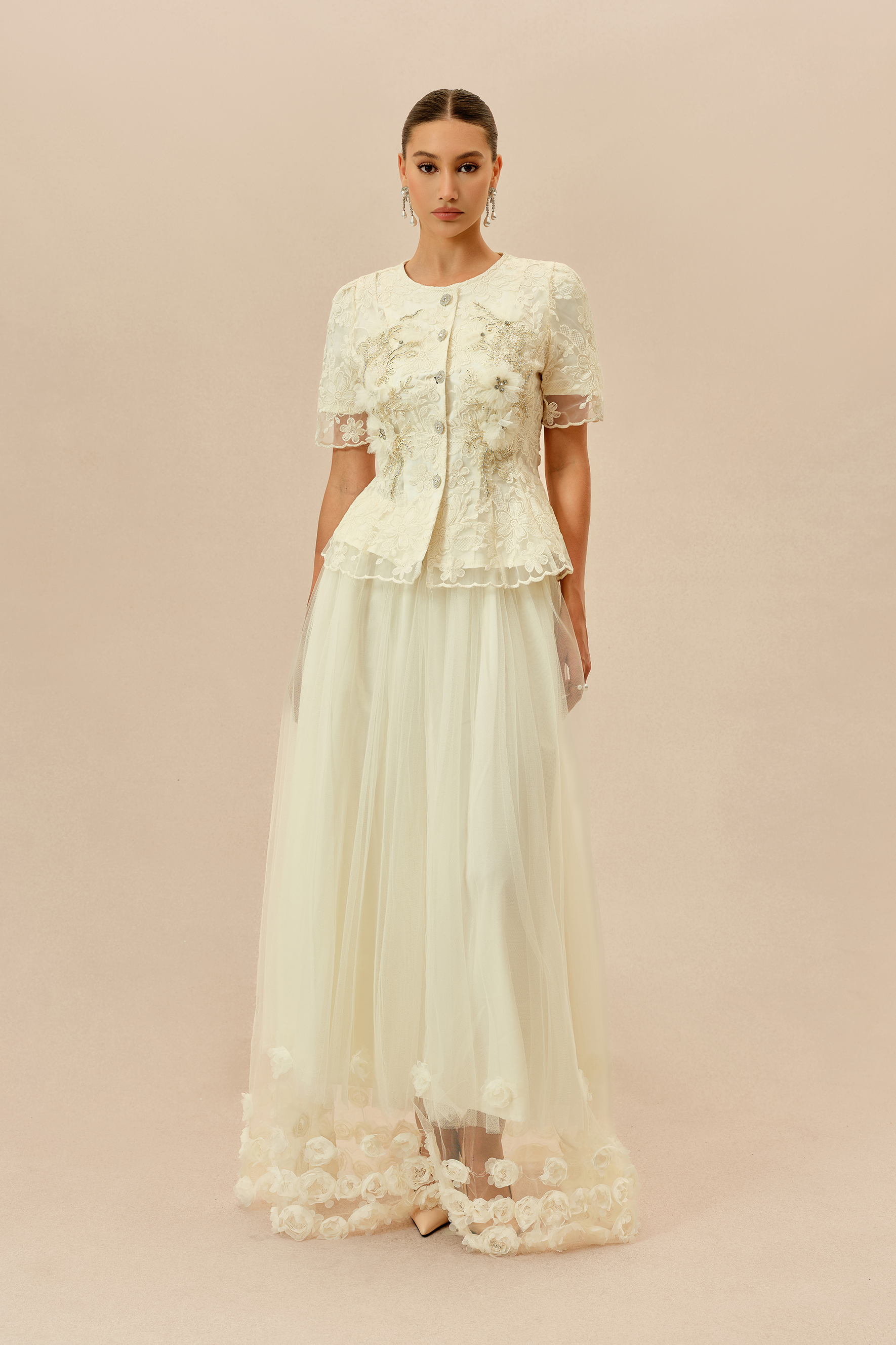 Romantic Escape Beige Floral Applique Top & Tulle Maxi Skirt Set