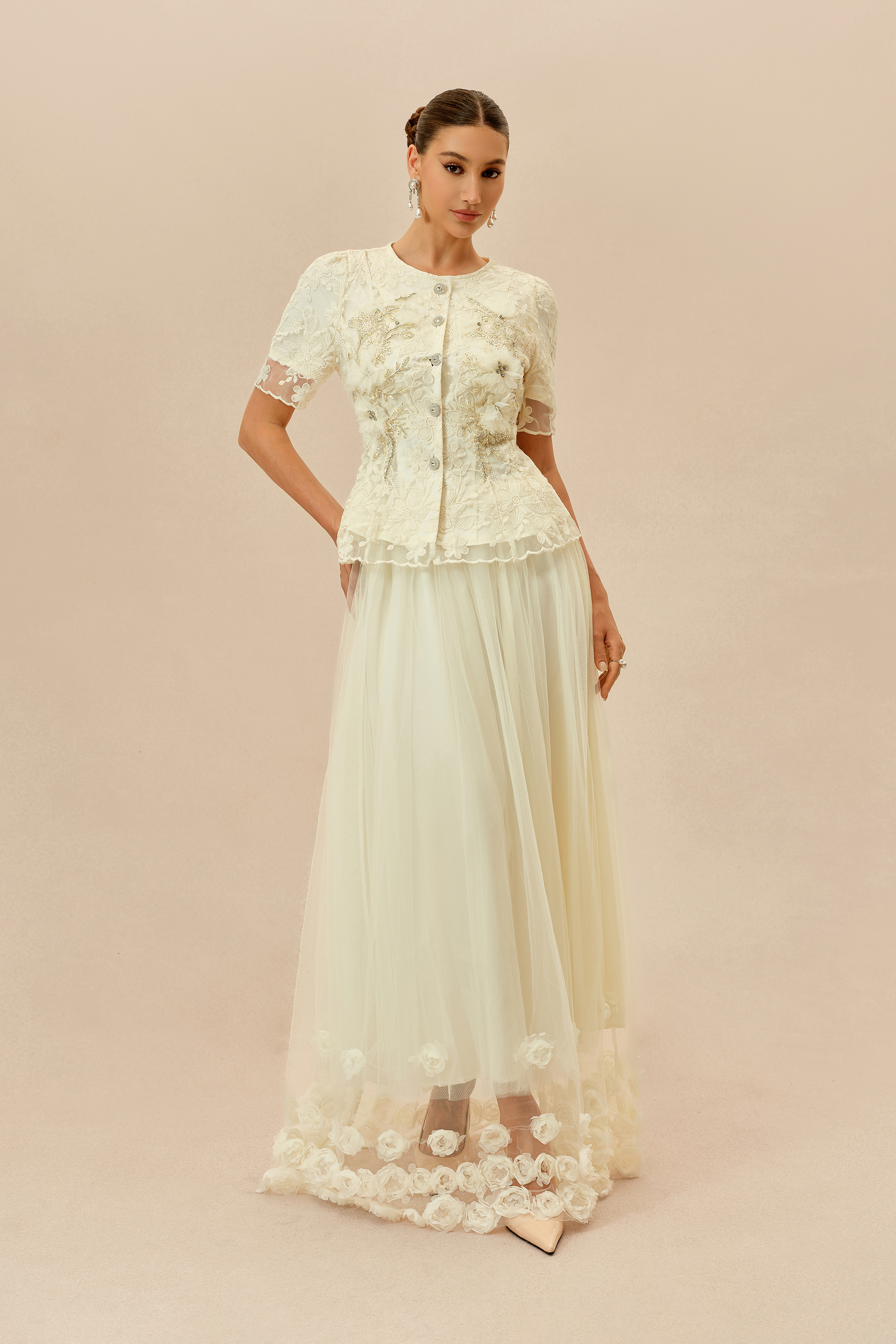 最終価格！meringue flower blouse & skirt セット Romantic Escape Beige Floral Applique Top & Tulle Maxi Skirt Set