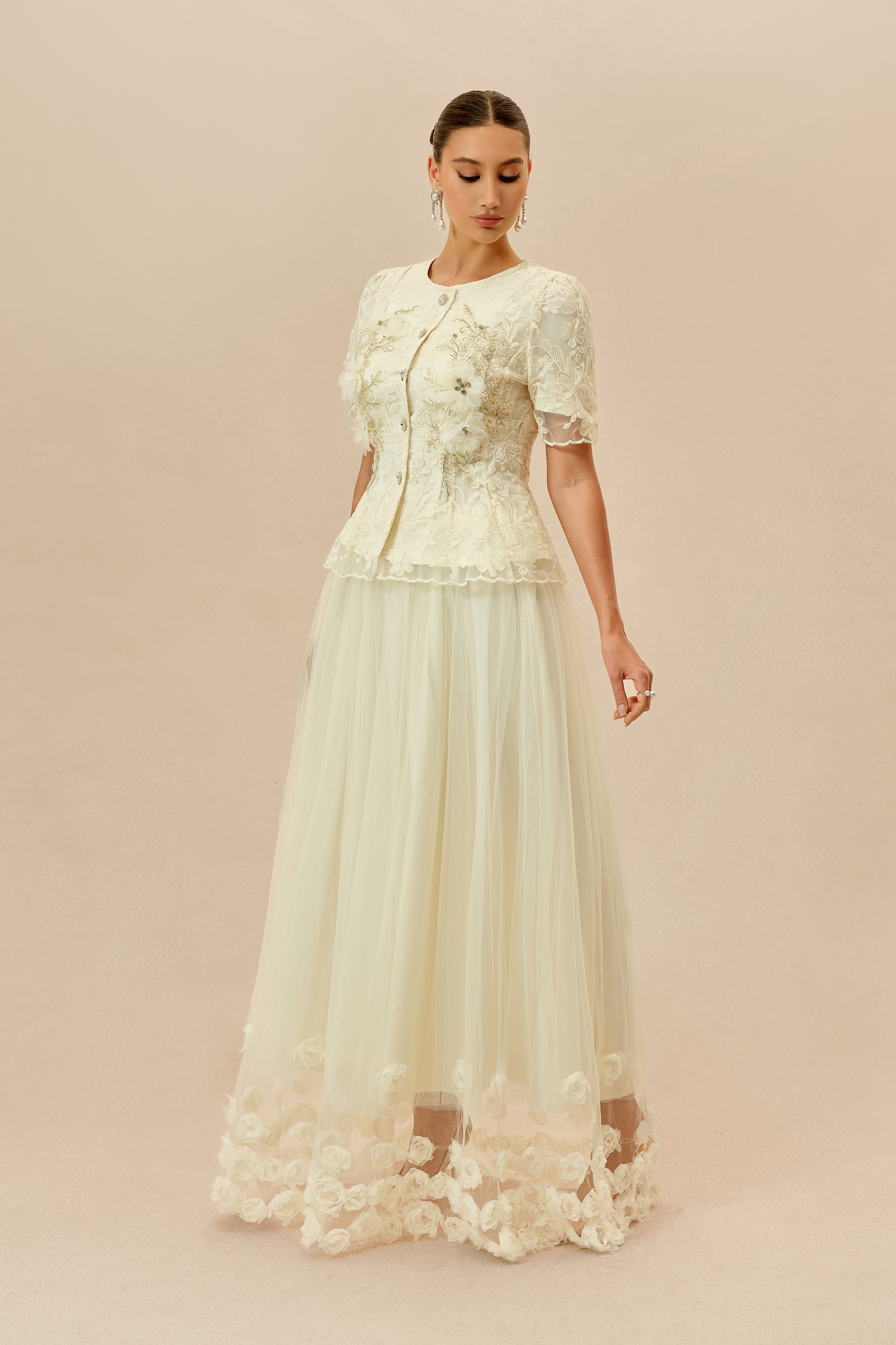 Romantic Escape Beige Floral Applique Top & Tulle Maxi Skirt Set