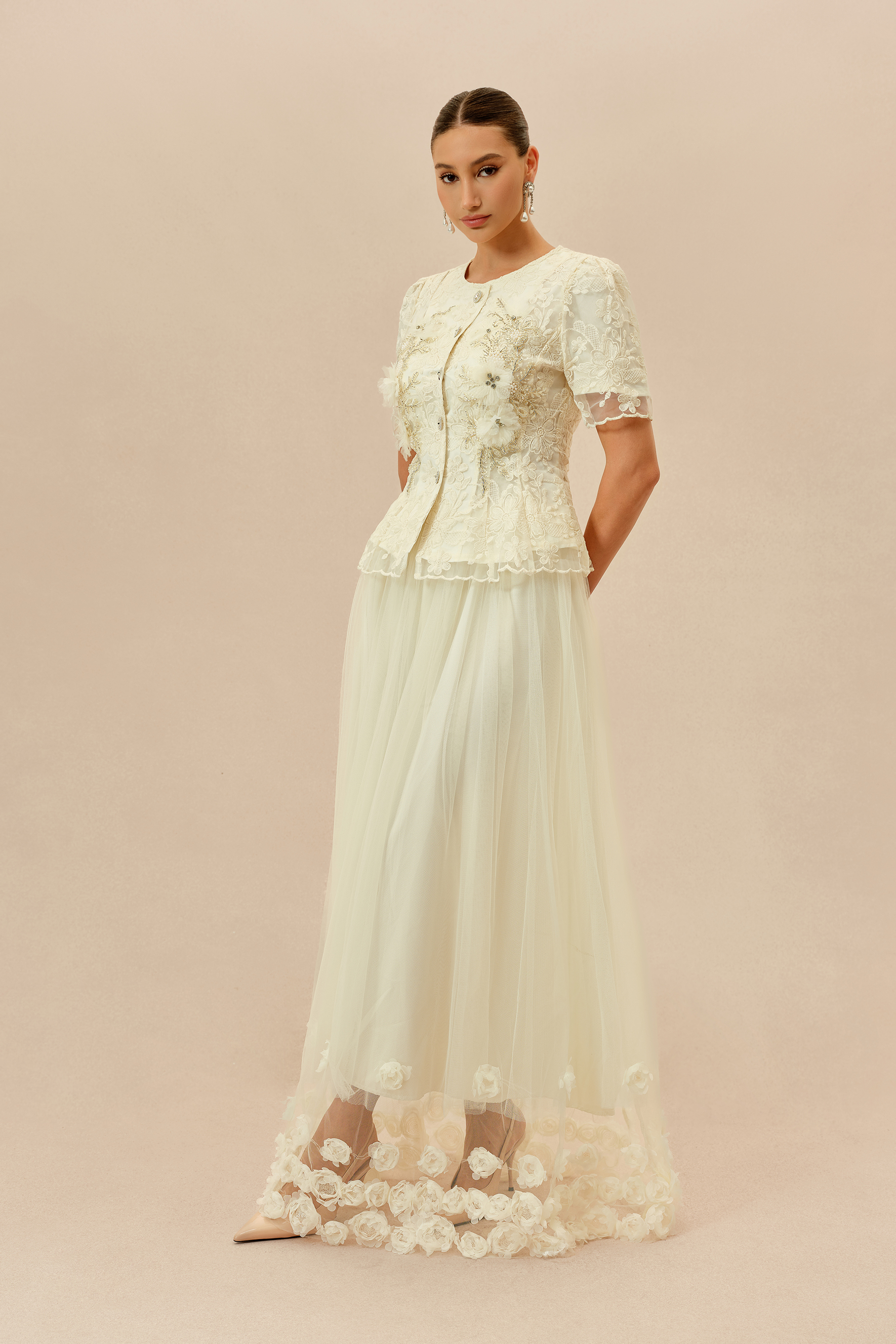 Romantic Escape Beige Floral Applique Top & Tulle Maxi Skirt Set