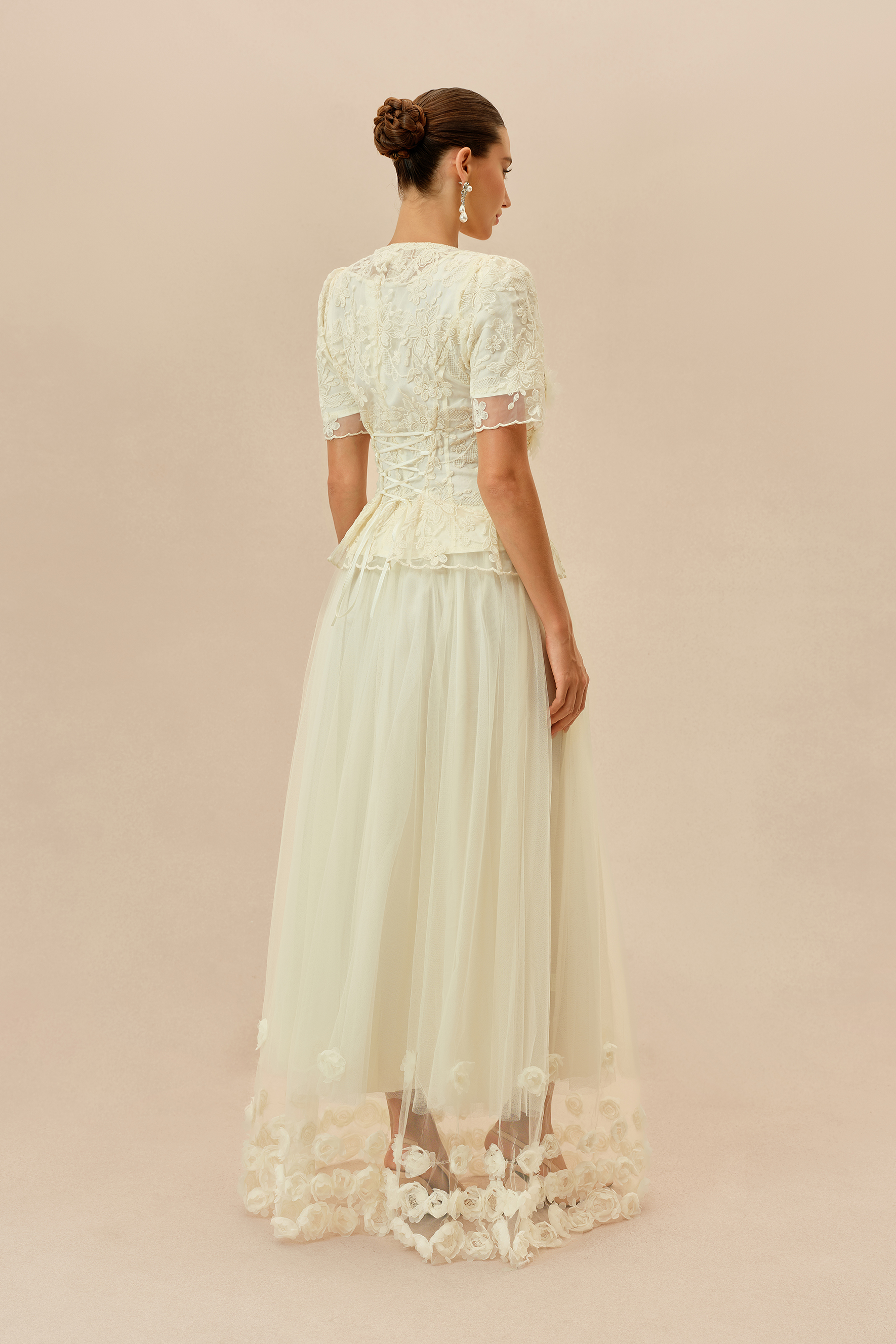 Romantic Escape Beige Floral Applique Top & Tulle Maxi Skirt Set