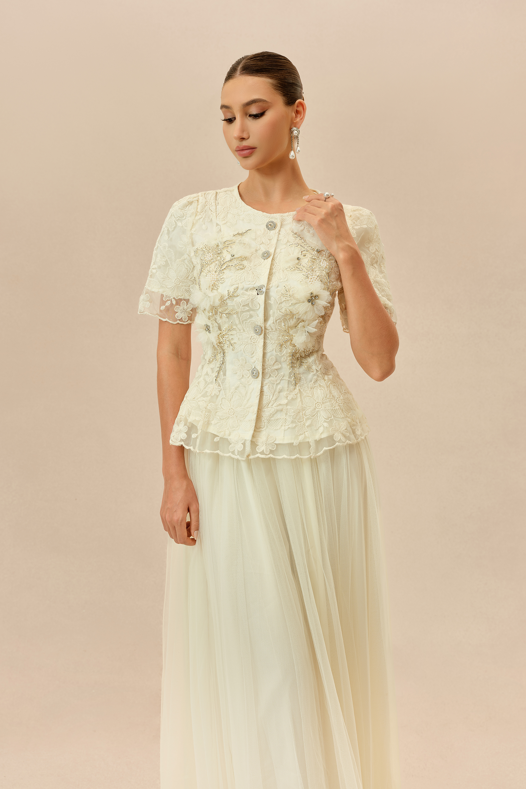 Romantic Escape Beige Floral Applique Top & Tulle Maxi Skirt Set