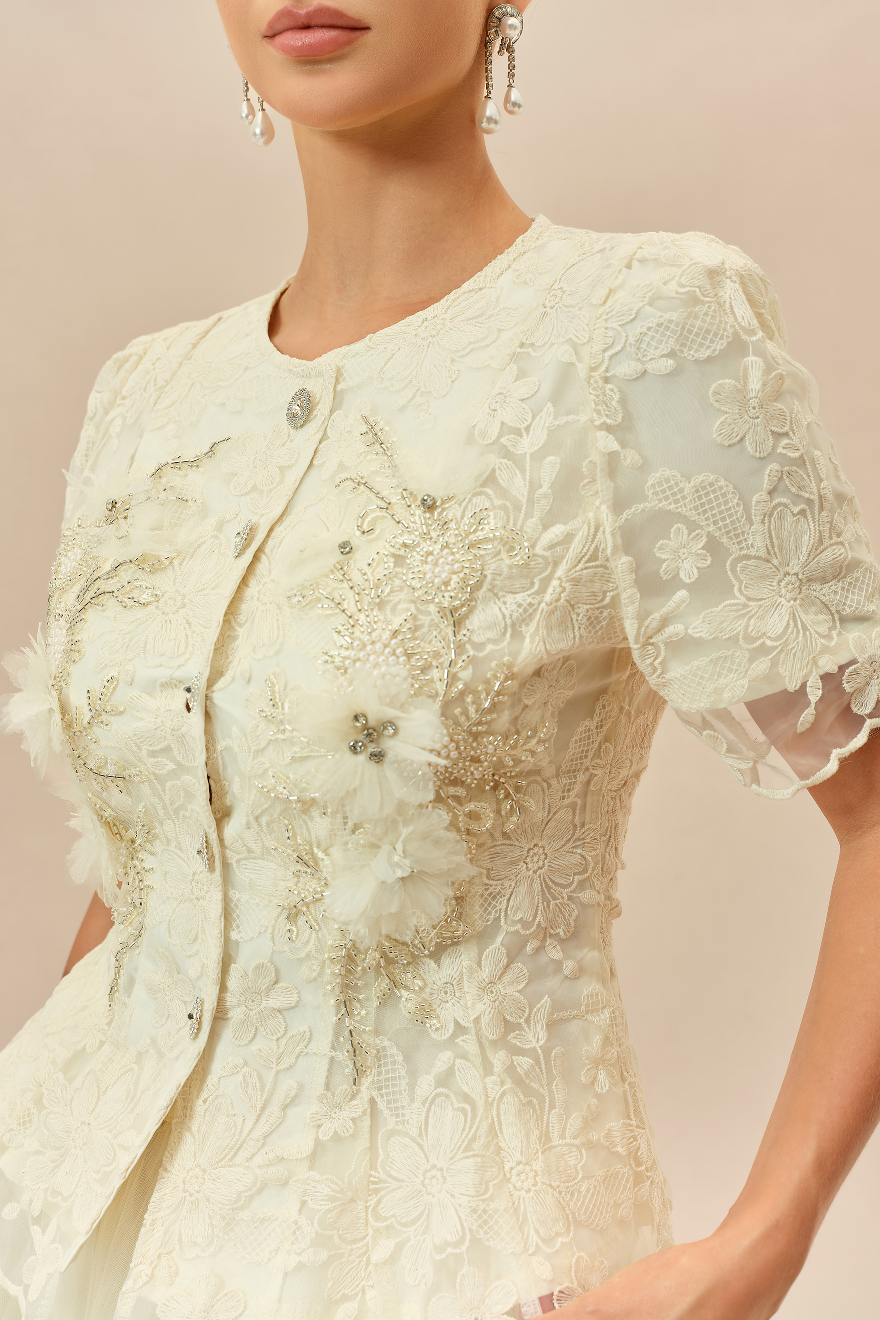 最終価格！meringue flower blouse & skirt セット Romantic Escape Beige Floral Applique Top & Tulle Maxi Skirt Set