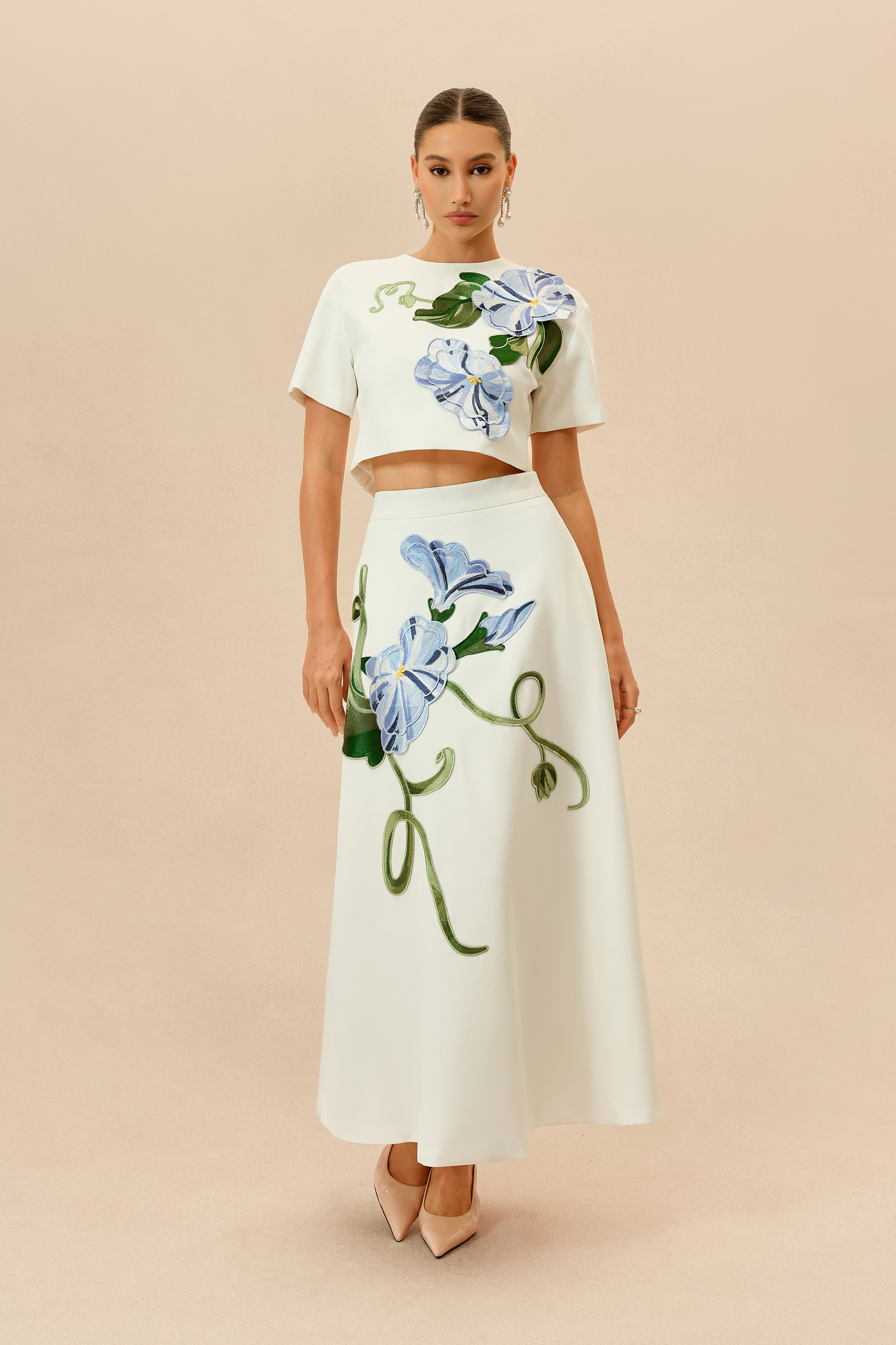 Enchanted Garden White Floral Applique Cropped Top & Maxi Skirt Set