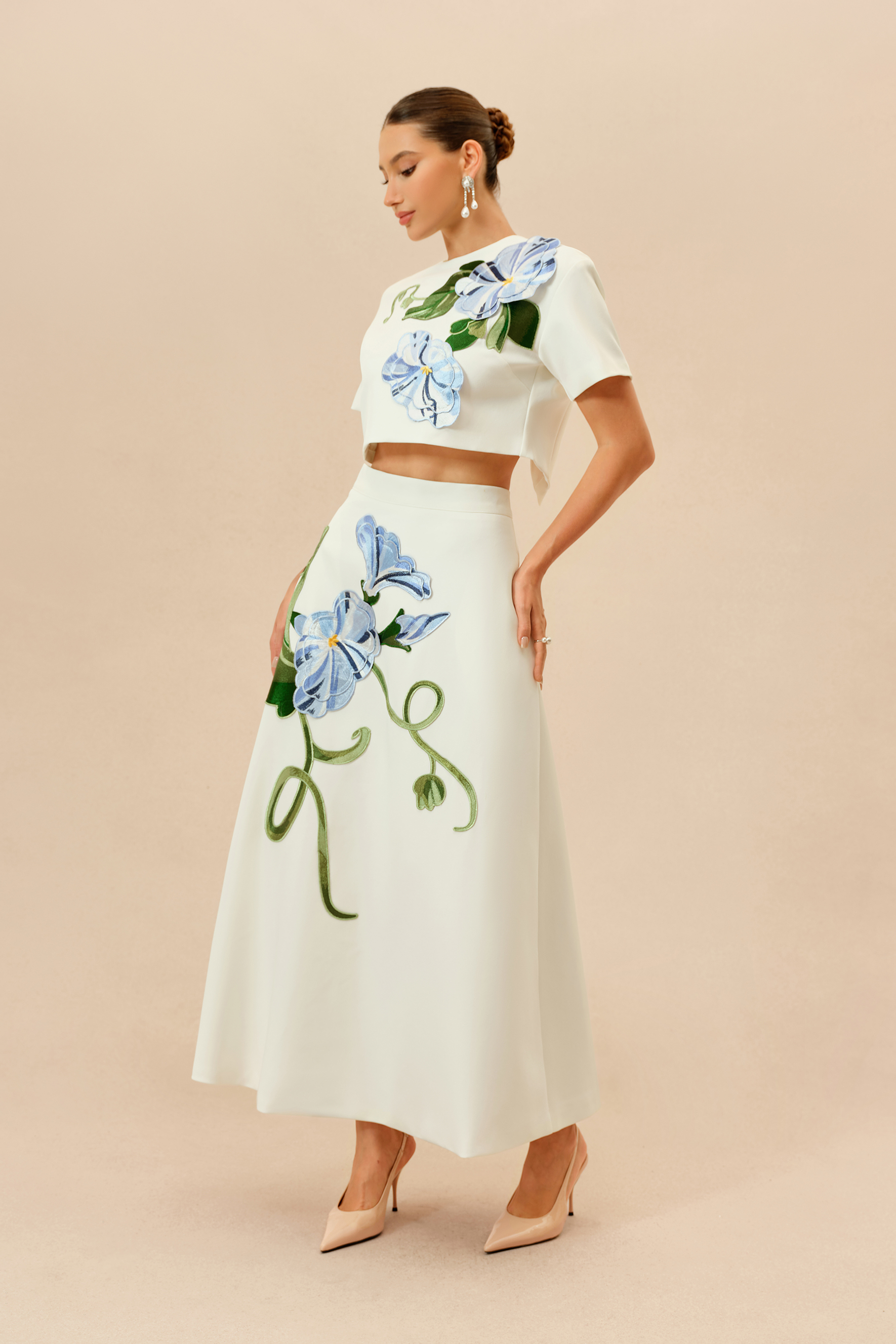Enchanted Garden White Floral Applique Cropped Top & Maxi Skirt Set