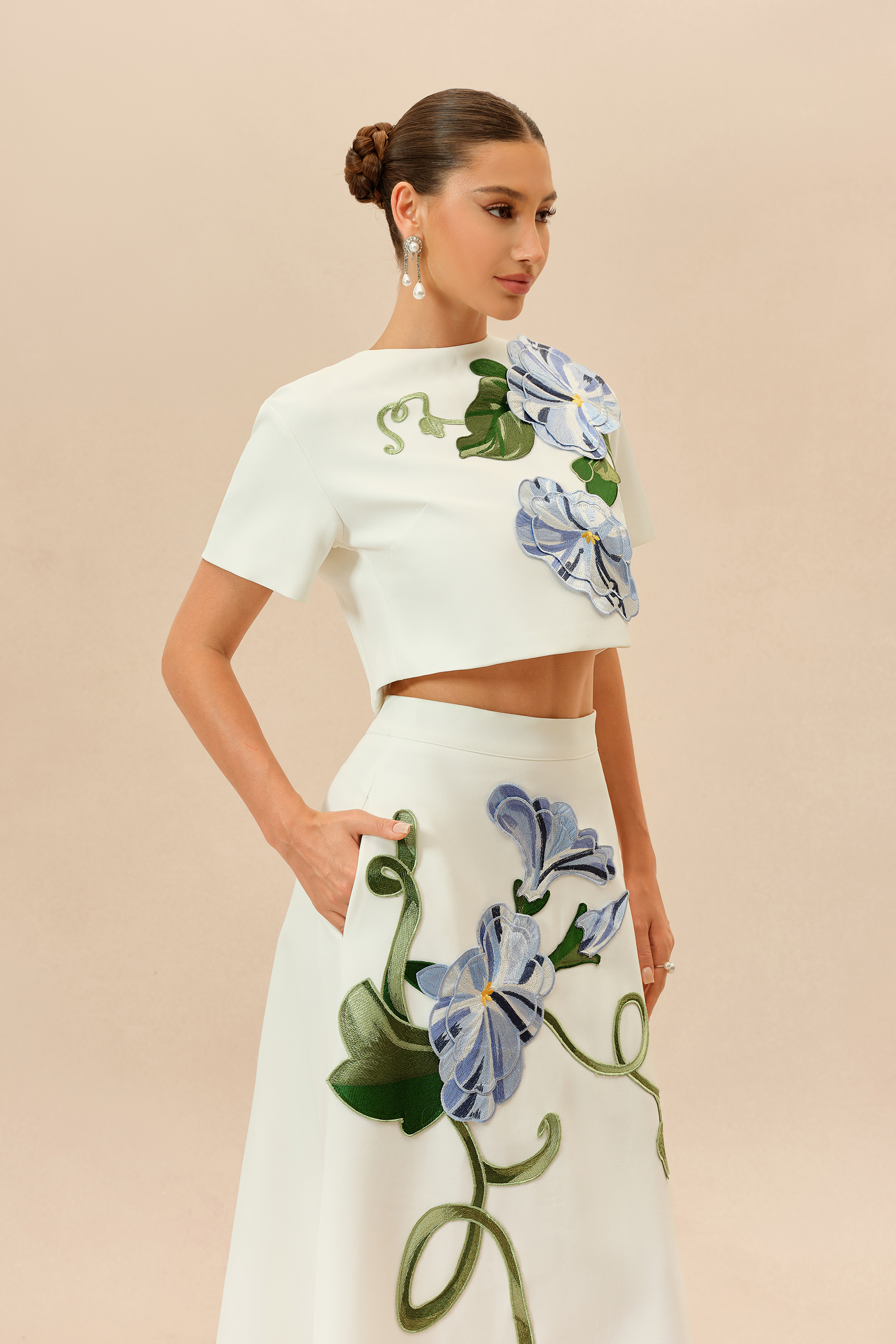 Enchanted Garden White Floral Applique Cropped Top & Maxi Skirt Set