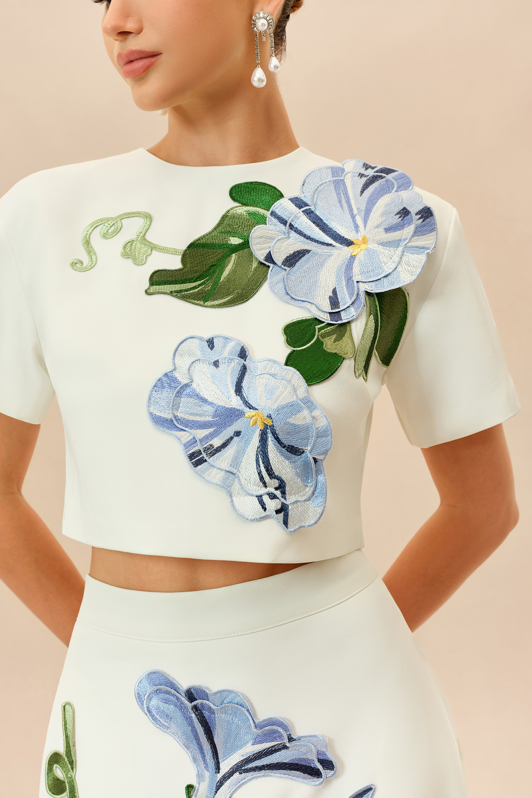 Enchanted Garden White Floral Applique Cropped Top & Maxi Skirt Set