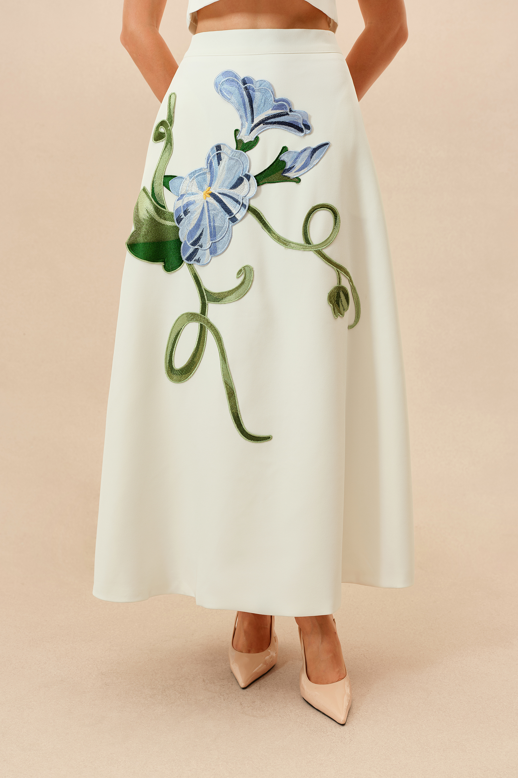 Enchanted Garden White Floral Applique Cropped Top & Maxi Skirt Set