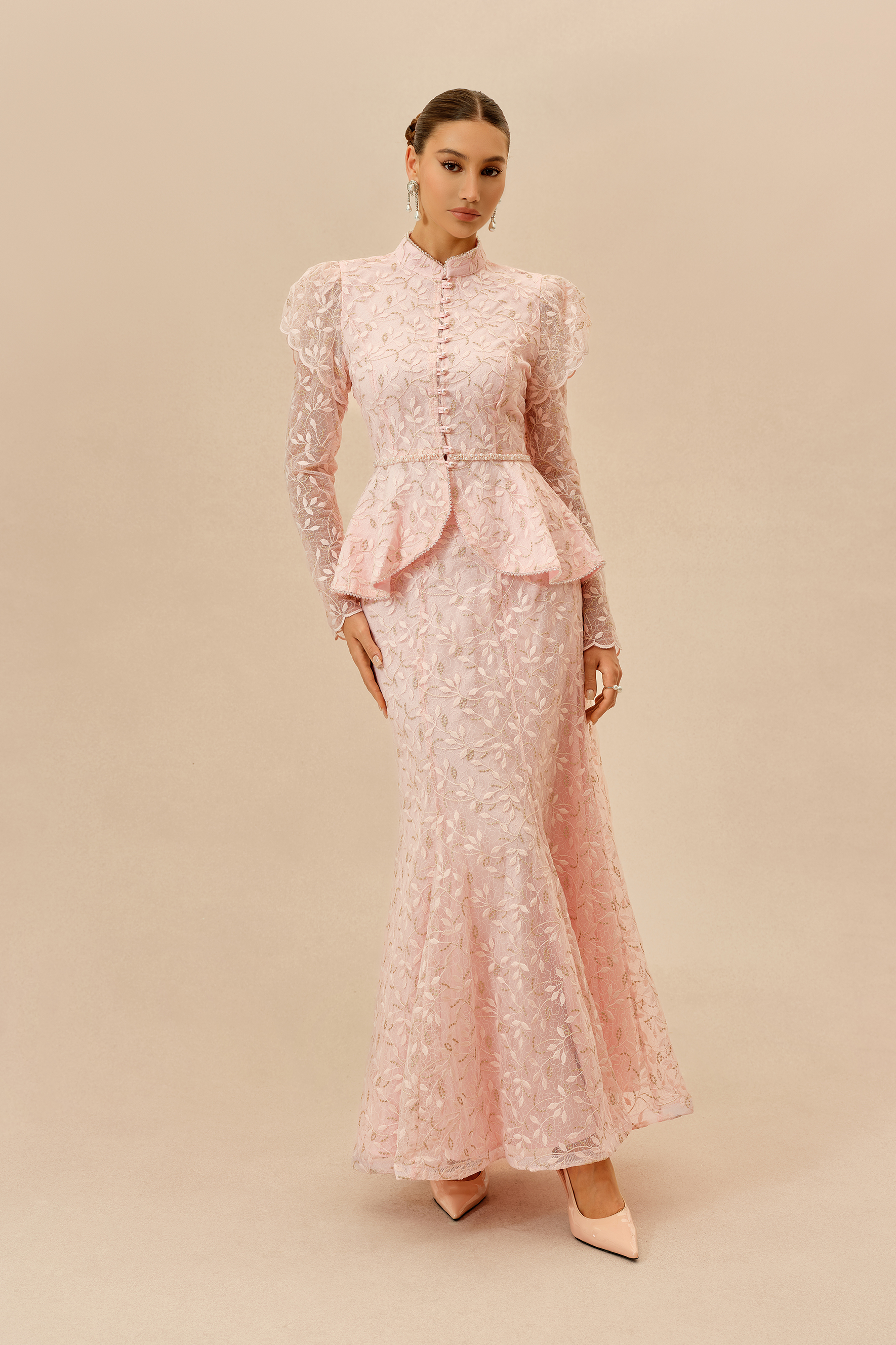 Signature Style Pink Lace Embellished Ruffle Top & Mermaid Skirt Set