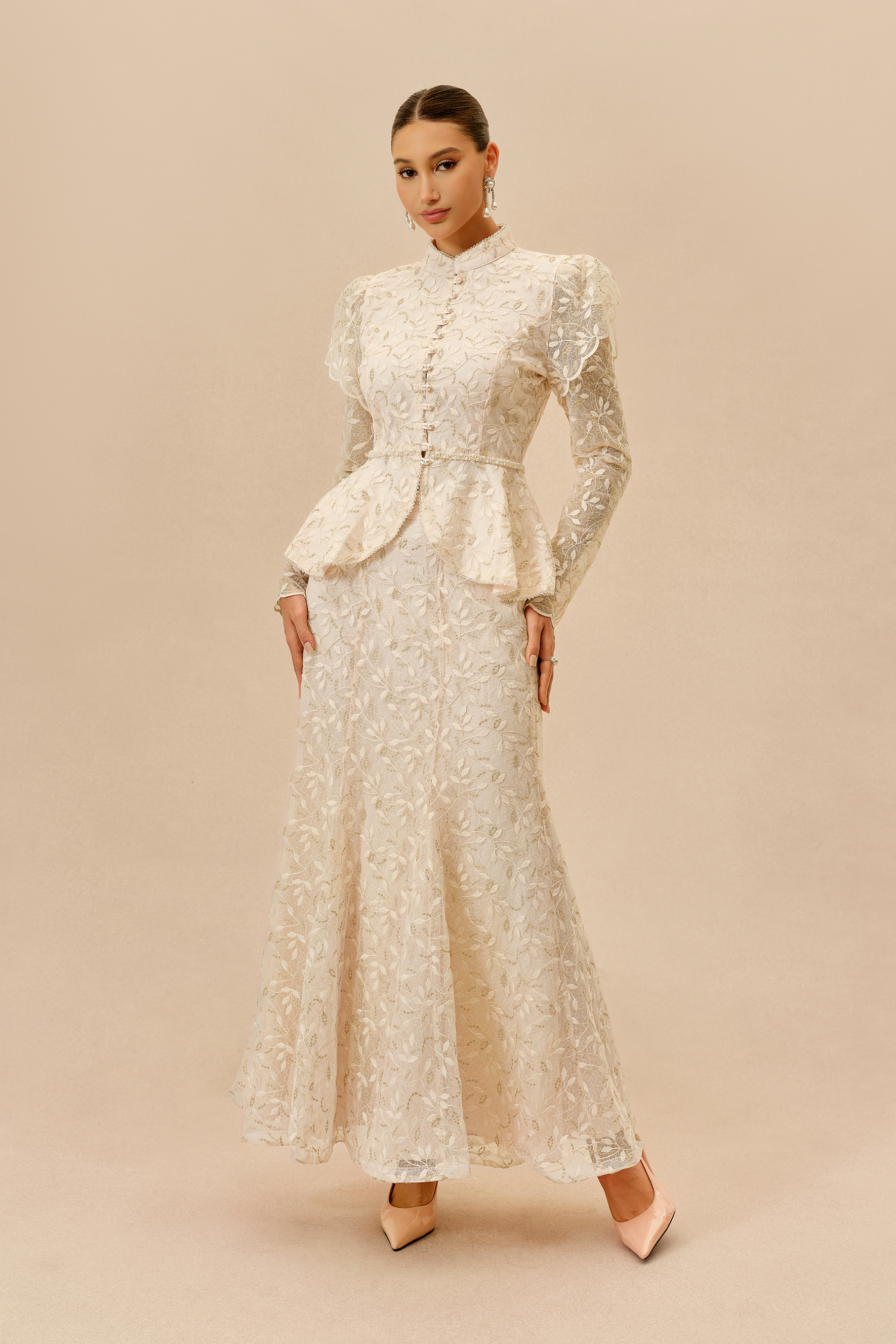 Signature Style Apricot Lace Embellished Ruffle Top & Mermaid Skirt Set