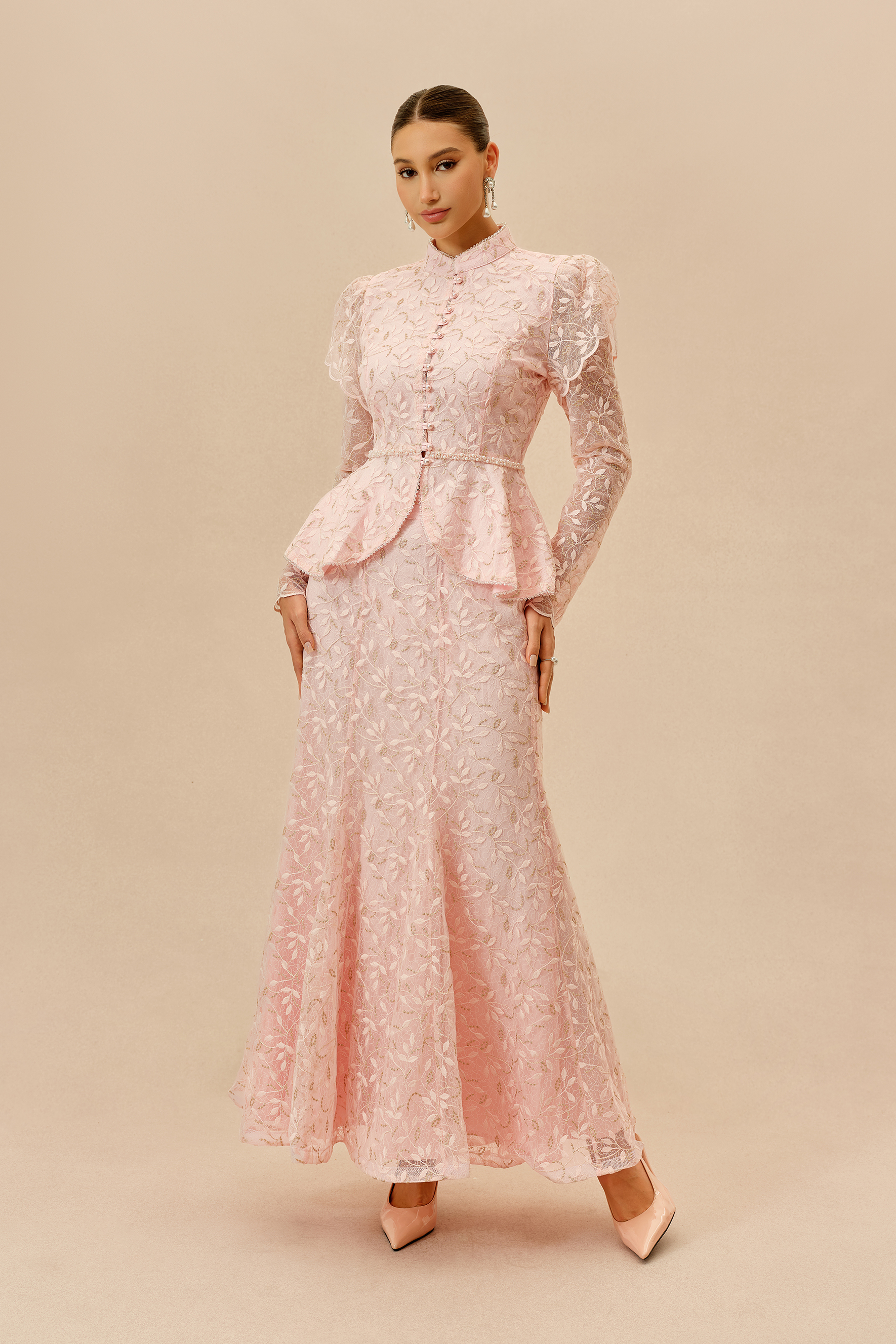 Signature Style Pink Lace Embellished Ruffle Top & Mermaid Skirt Set