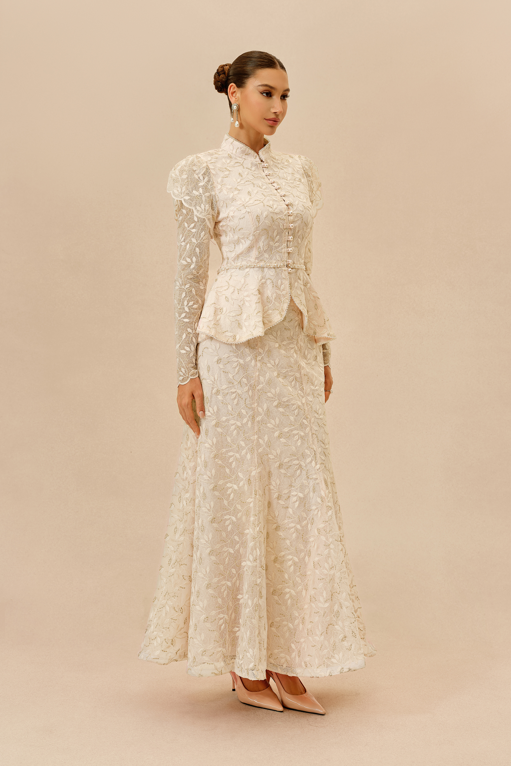 Signature Style Apricot Lace Embellished Ruffle Top & Mermaid Skirt Set