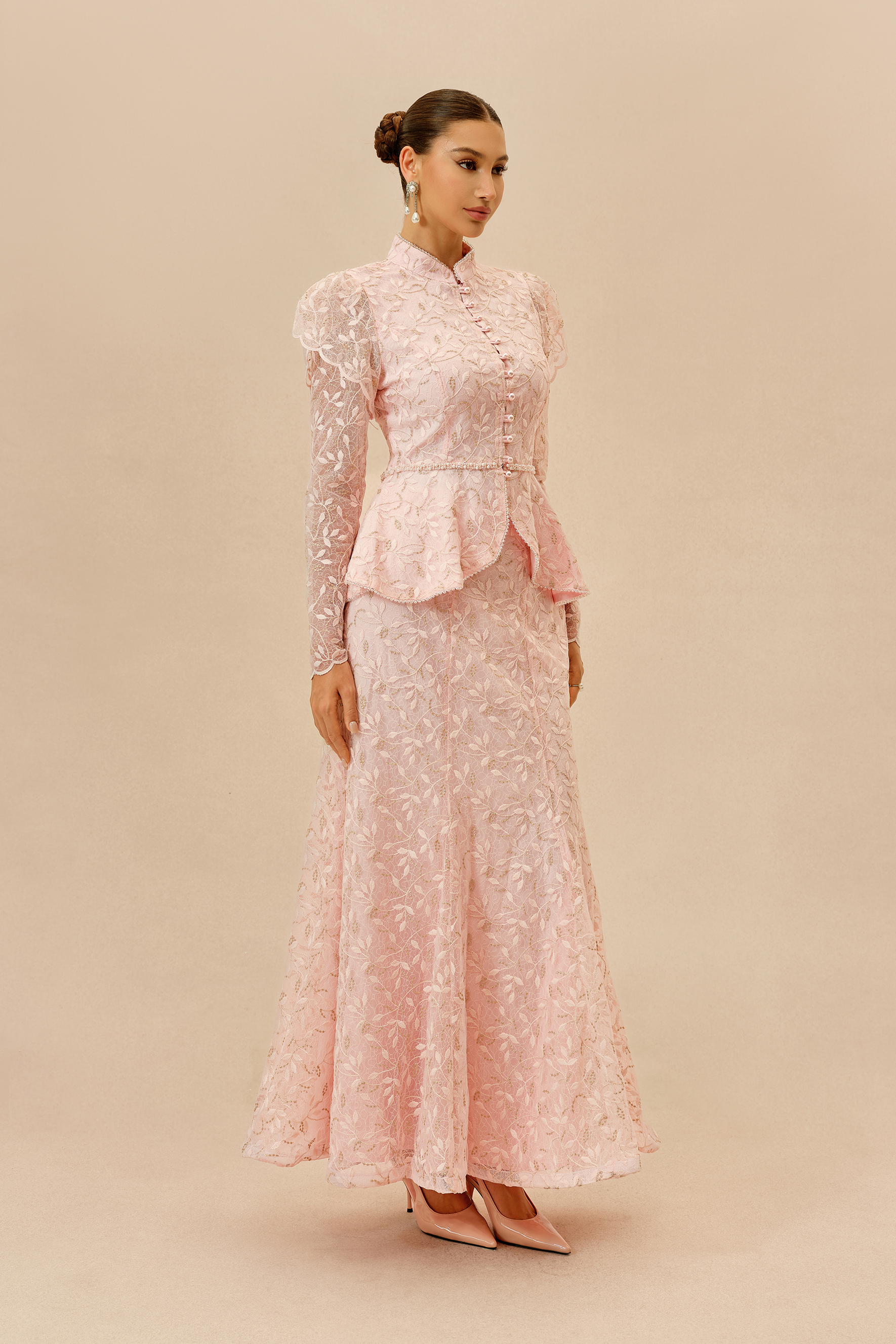 Signature Style Pink Lace Embellished Ruffle Top & Mermaid Skirt Set