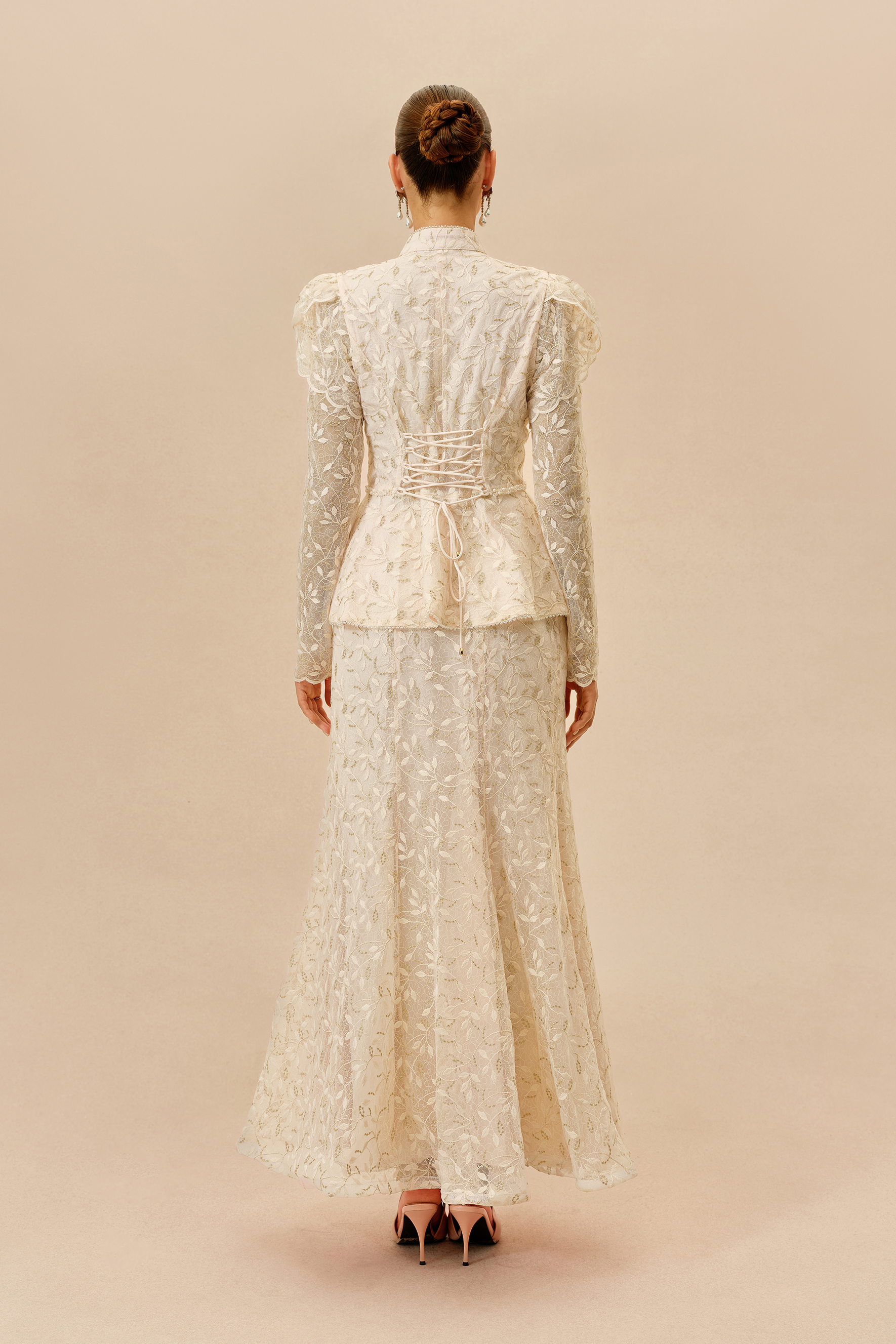 Signature Style Apricot Lace Embellished Ruffle Top & Mermaid Skirt Set