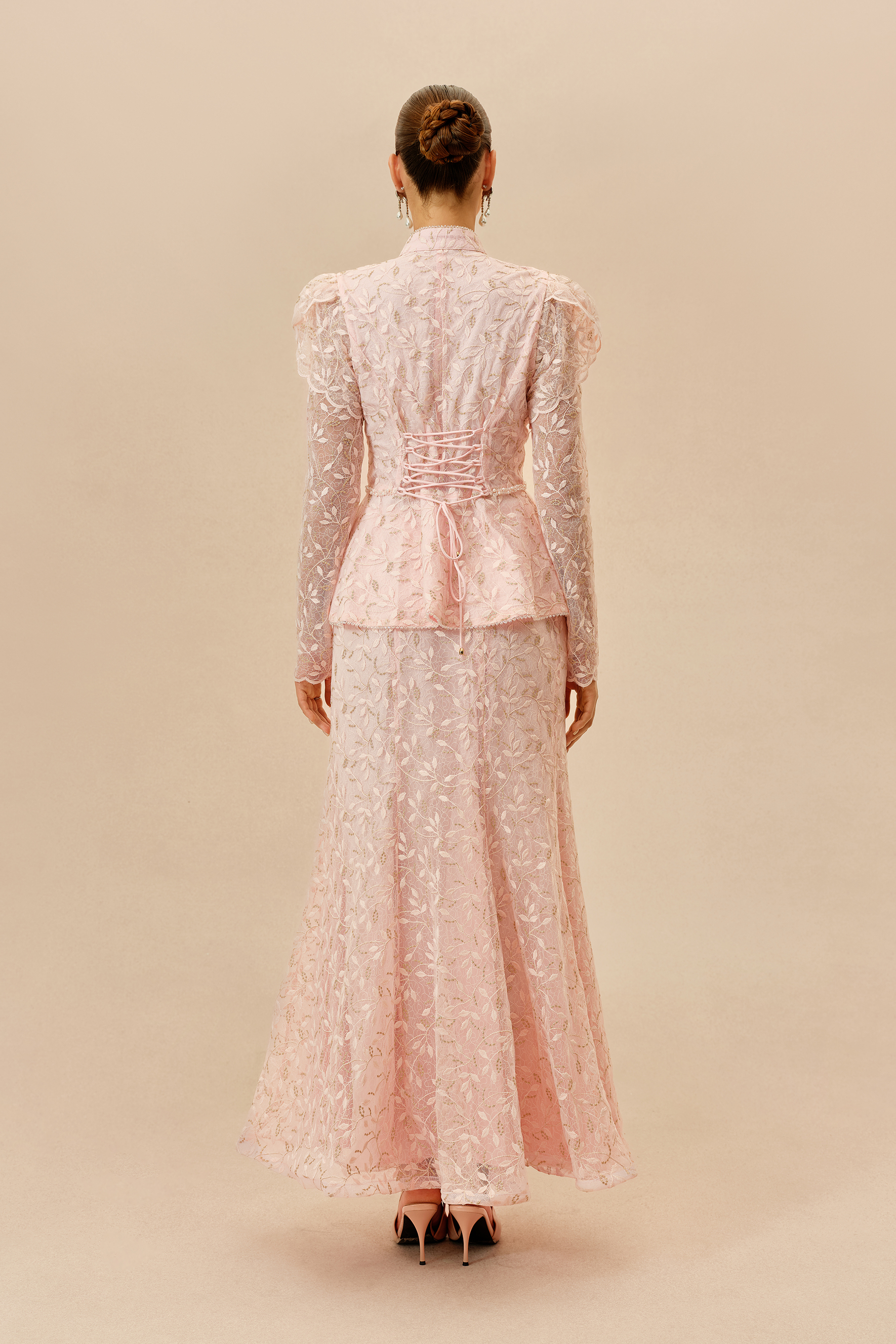 Signature Style Pink Lace Embellished Ruffle Top & Mermaid Skirt Set