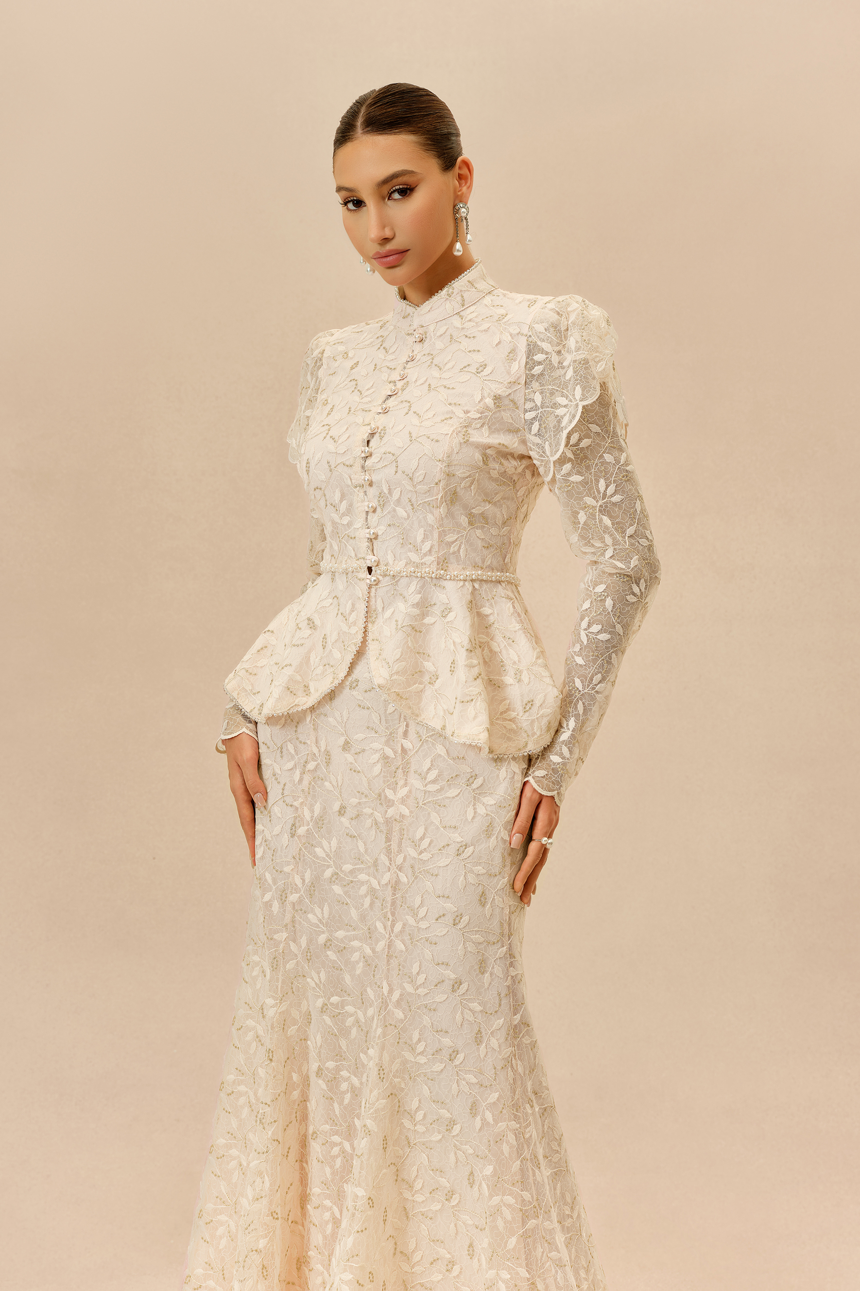 Signature Style Apricot Lace Embellished Ruffle Top & Mermaid Skirt Set