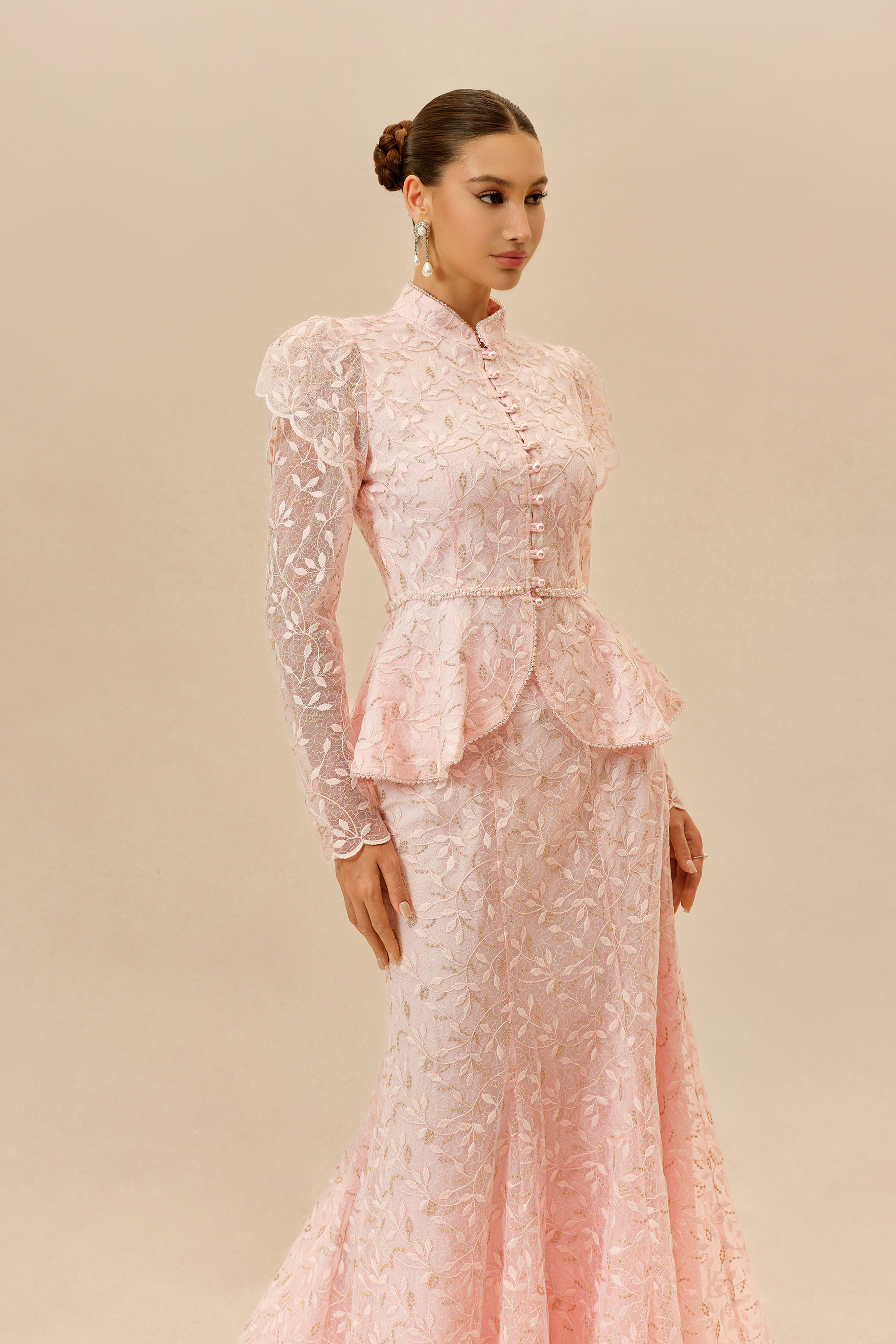 Signature Style Pink Lace Embellished Ruffle Top & Mermaid Skirt Set