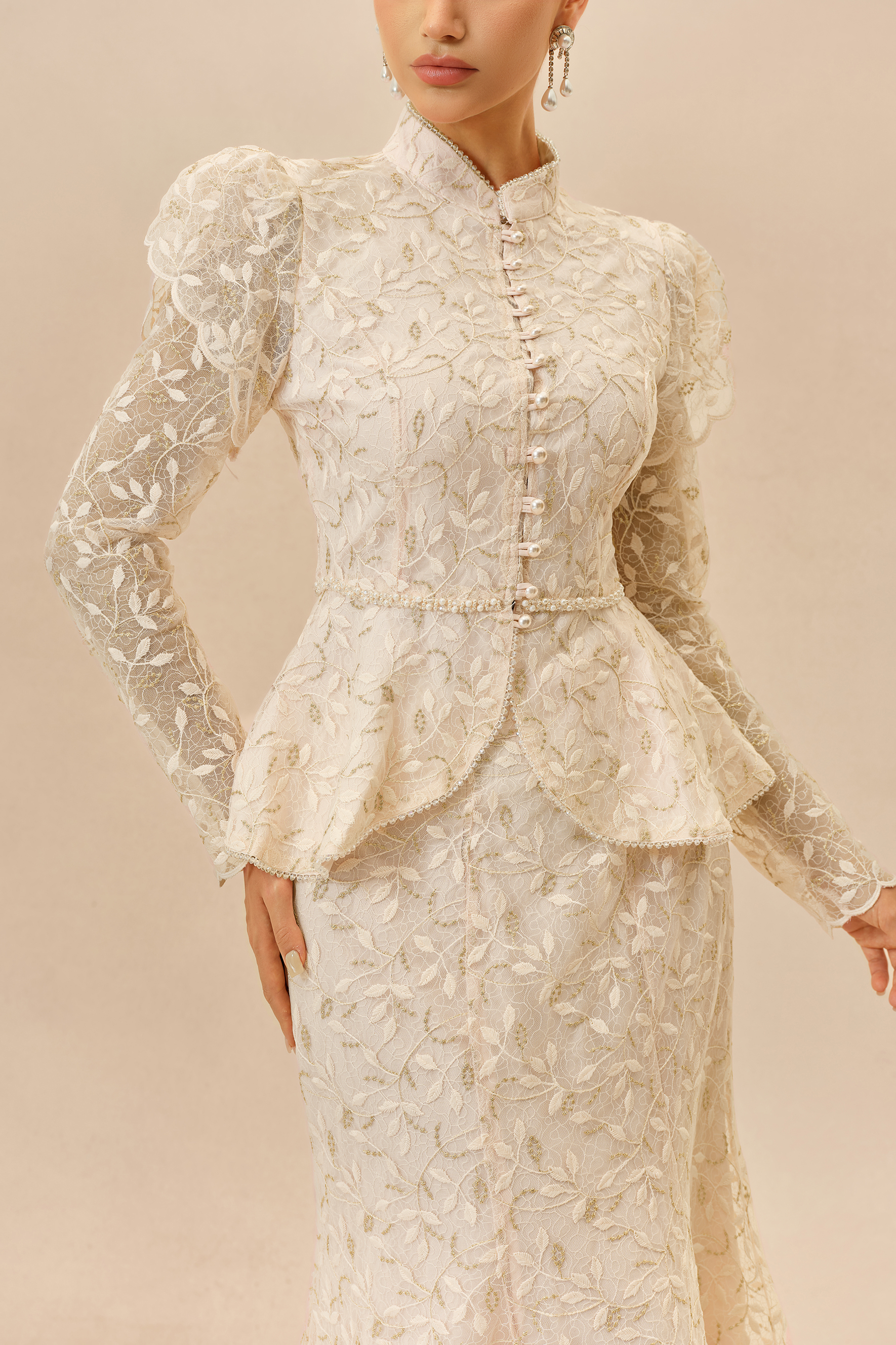 Signature Style Apricot Lace Embellished Ruffle Top & Mermaid Skirt Set