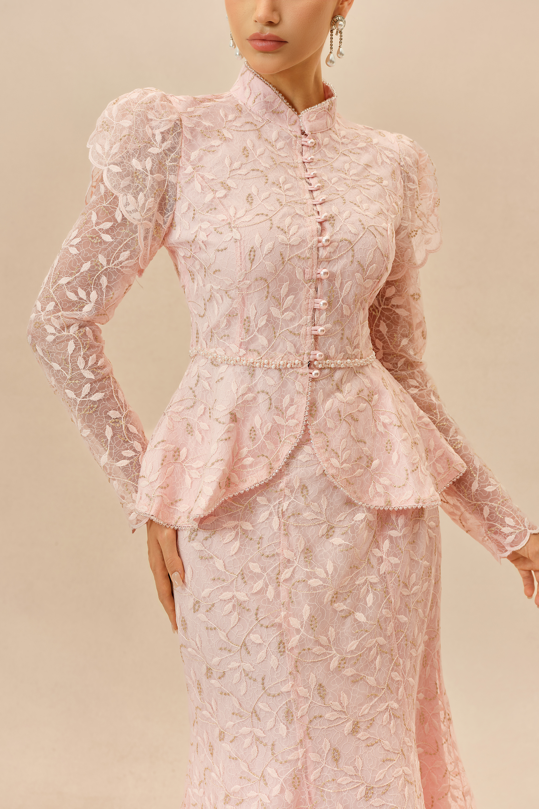 Signature Style Pink Lace Embellished Ruffle Top & Mermaid Skirt Set