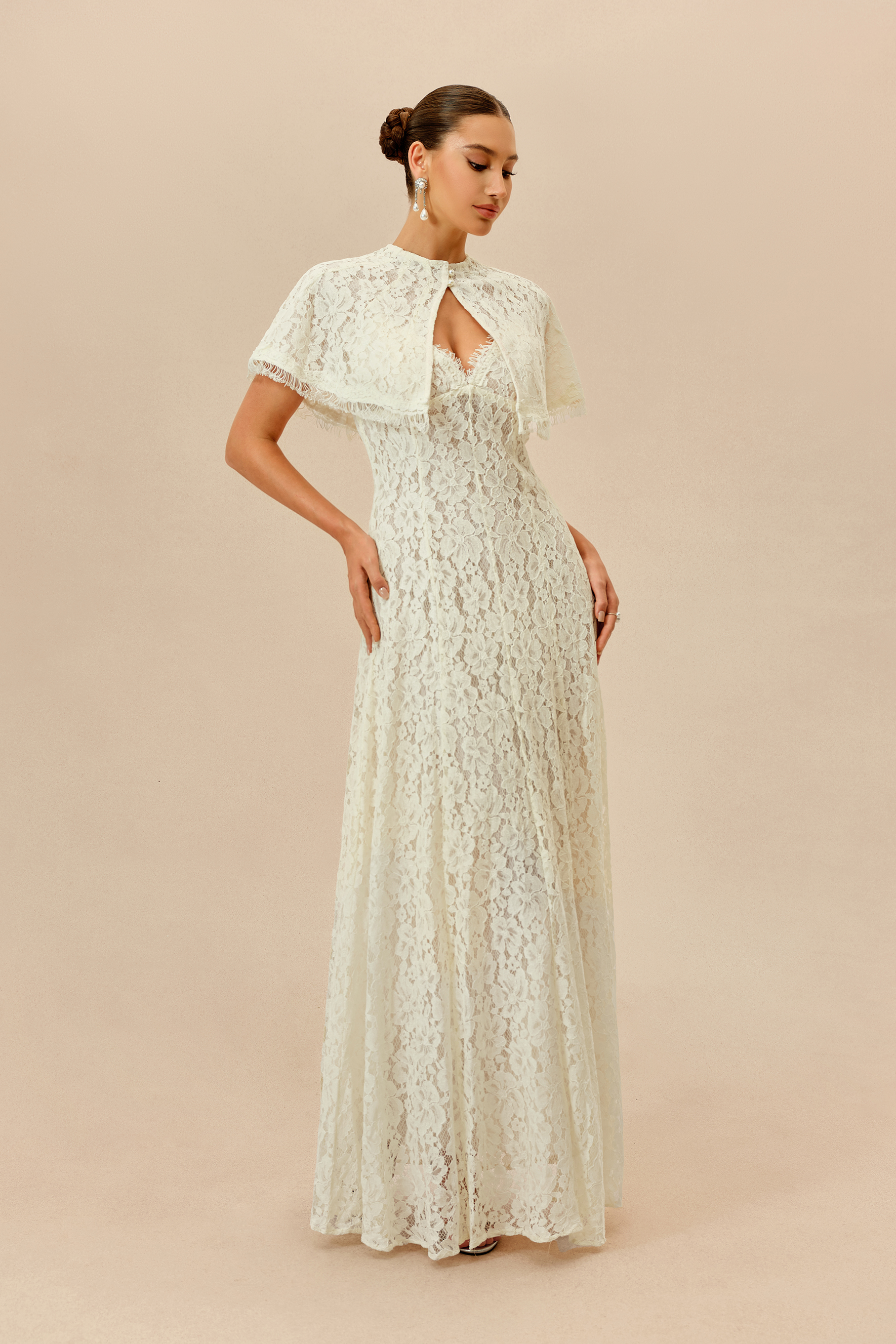 Make An Entrance White Floral Lace Maxi Dress With Cape