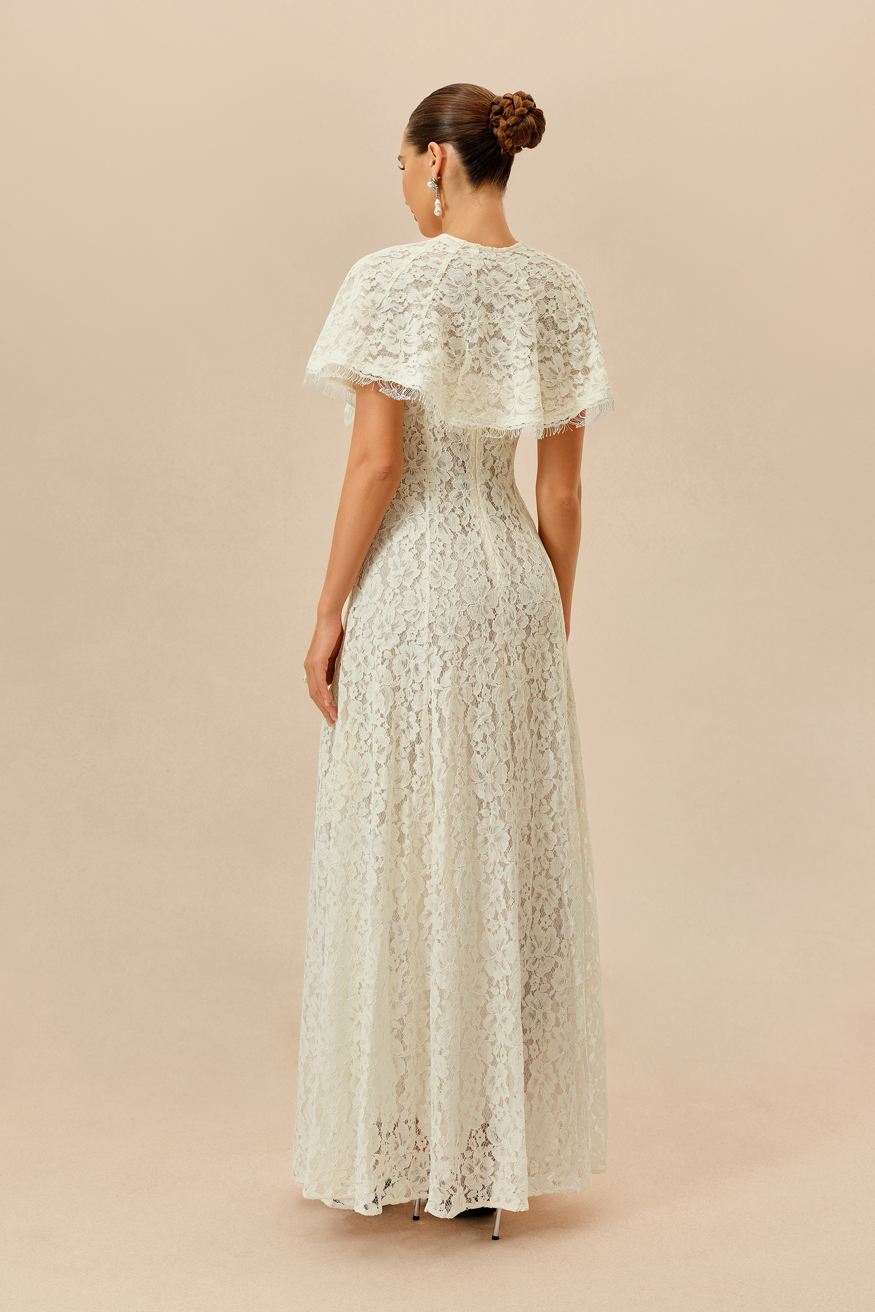 Make An Entrance White Floral Lace Maxi Dress With Cape