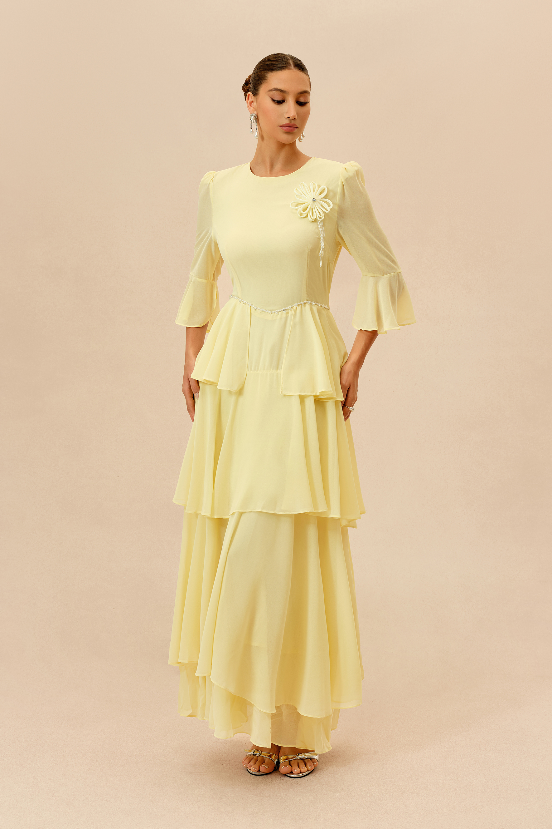 Soft Attraction Yellow Flared Sleeve Tiered Maxi Dress