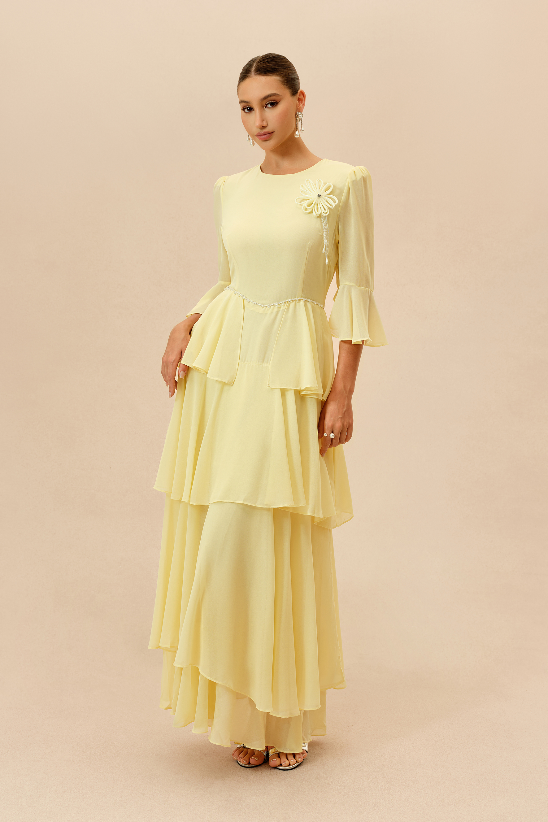 Soft Attraction Yellow Flared Sleeve Tiered Maxi Dress