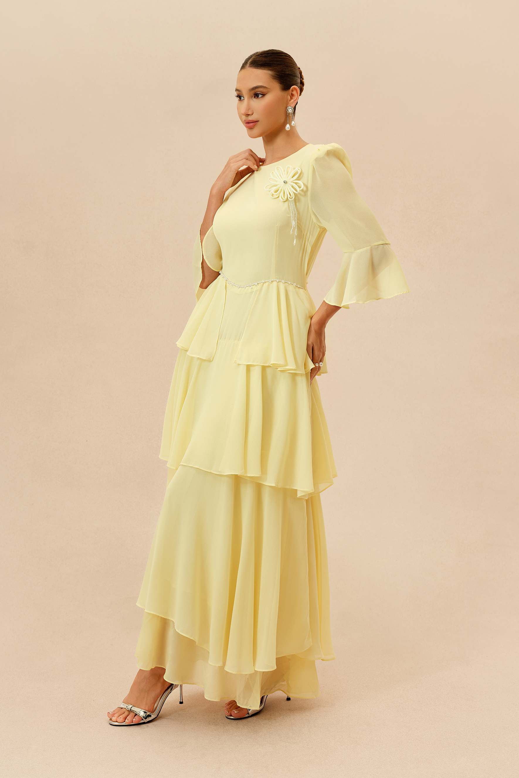Soft Attraction Yellow Flared Sleeve Tiered Maxi Dress