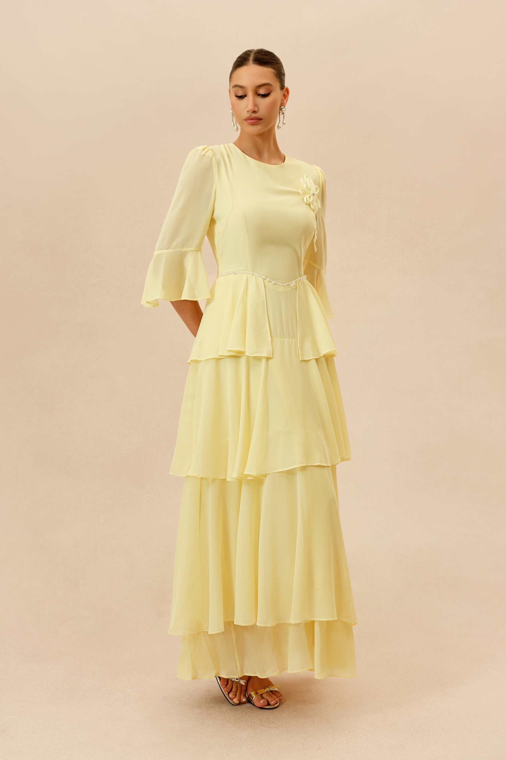 Soft Attraction Yellow Flared Sleeve Tiered Maxi Dress