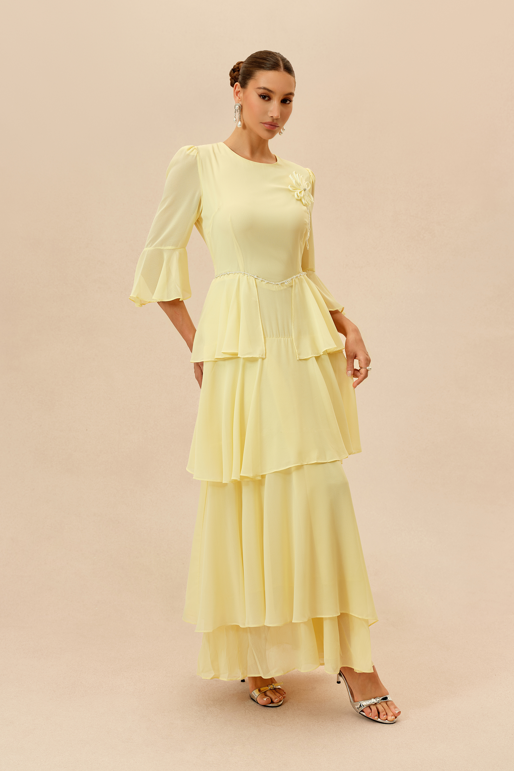 Soft Attraction Yellow Flared Sleeve Tiered Maxi Dress