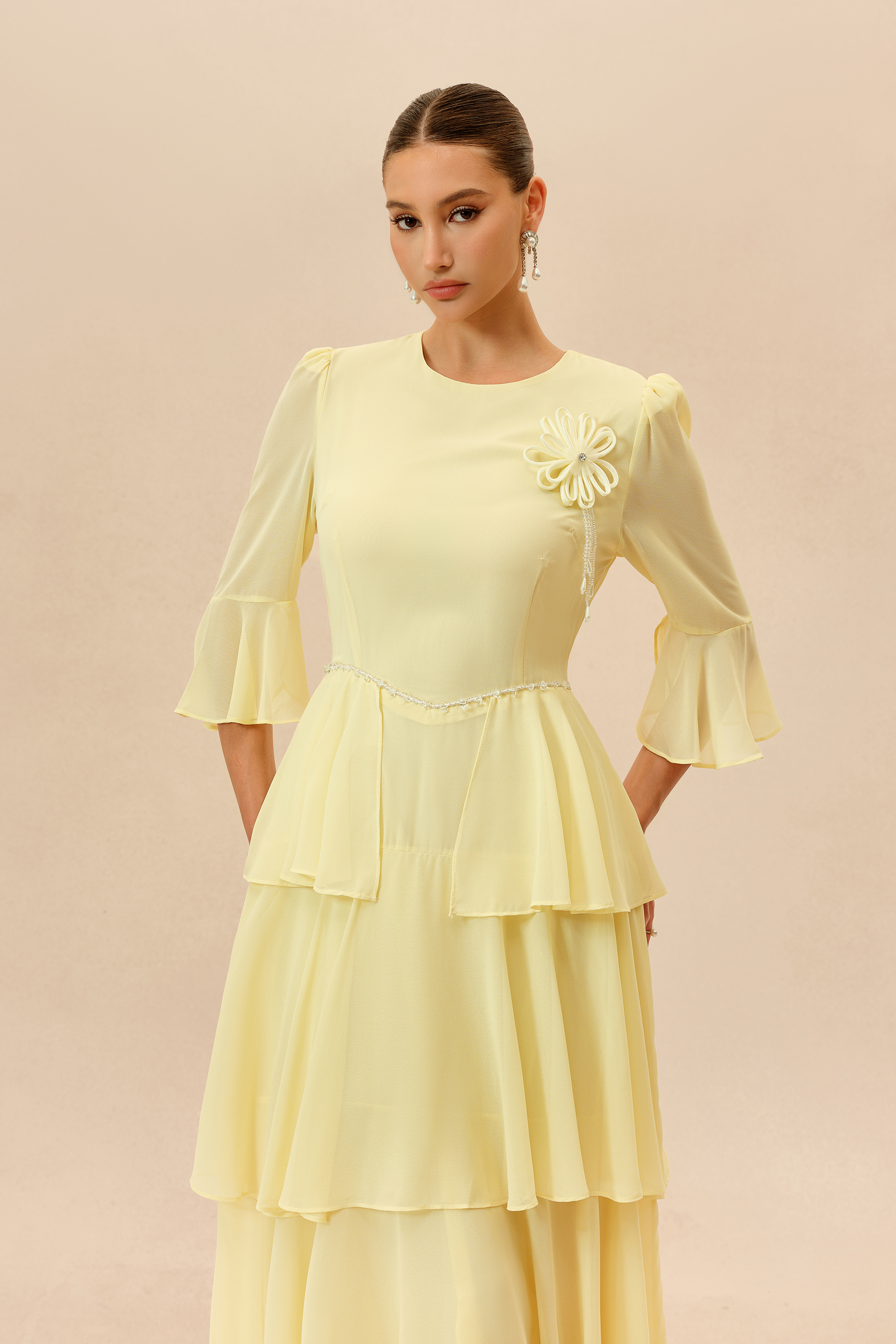 Soft Attraction Yellow Flared Sleeve Tiered Maxi Dress