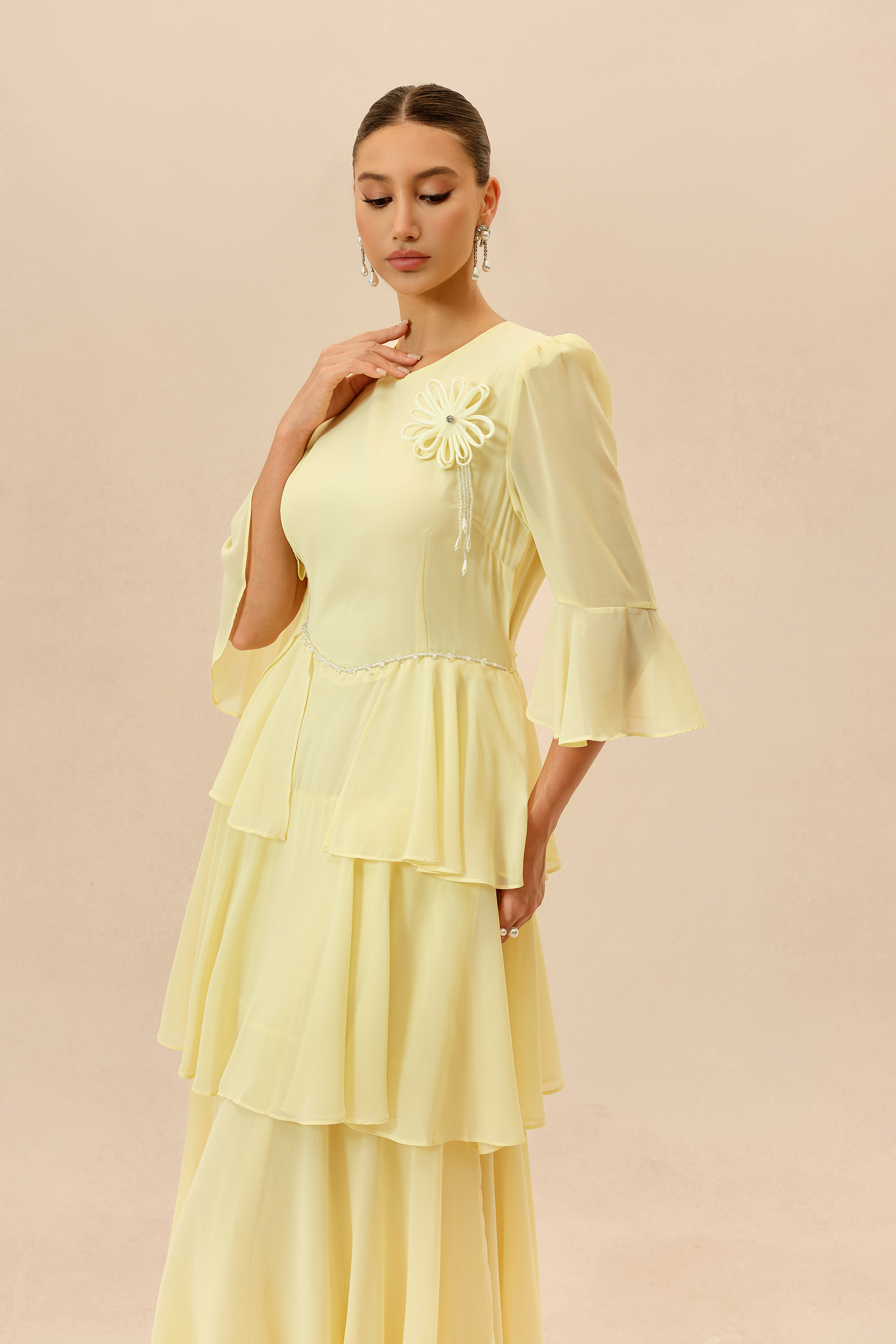 Soft Attraction Yellow Flared Sleeve Tiered Maxi Dress