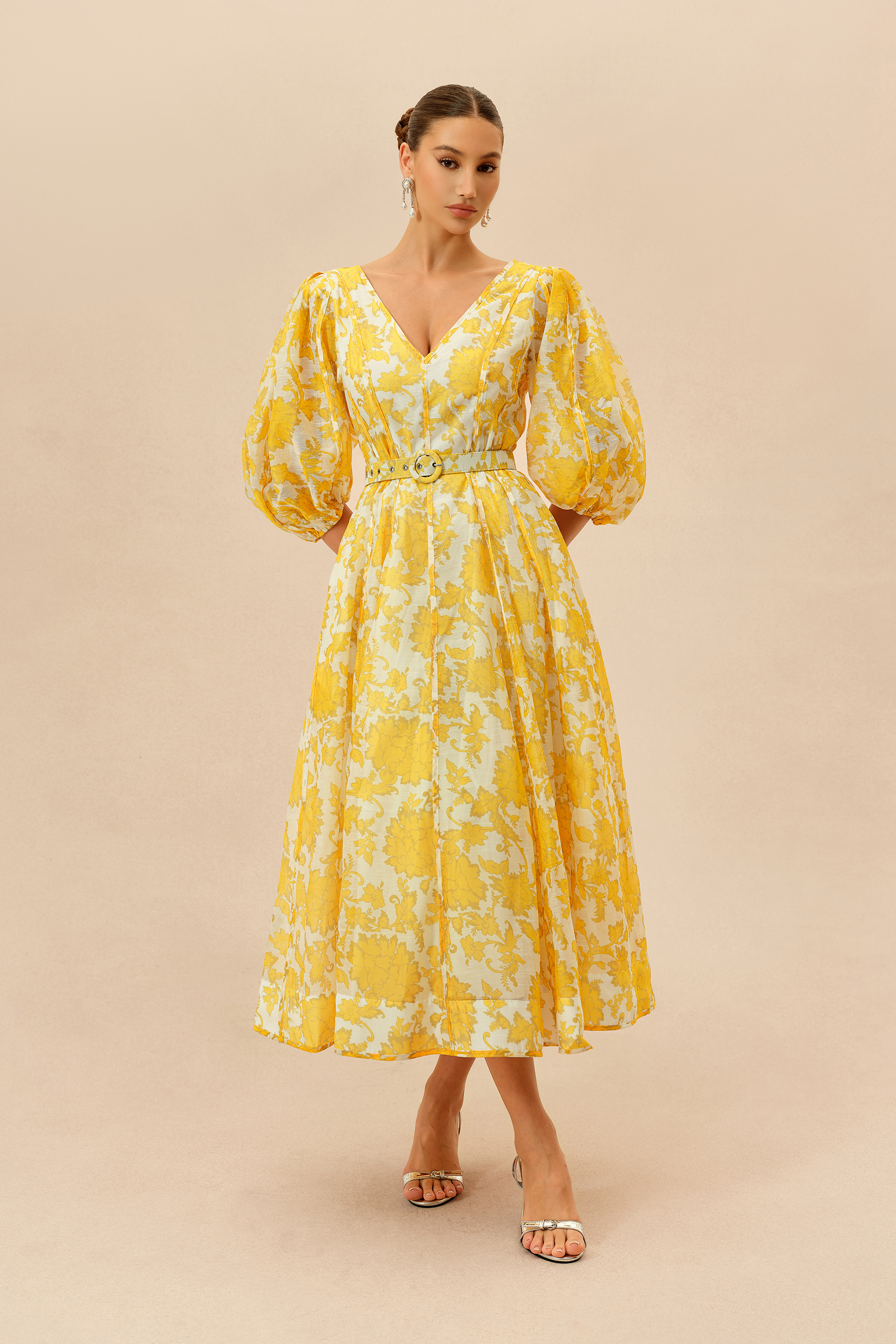 Spring Letters Yellow Printed Puff Sleeve Midi Dress
