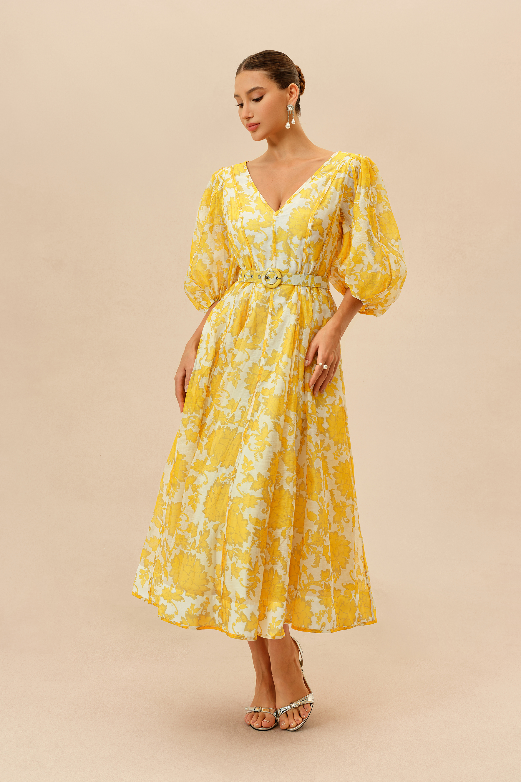 Spring Letters Yellow Printed Puff Sleeve Midi Dress