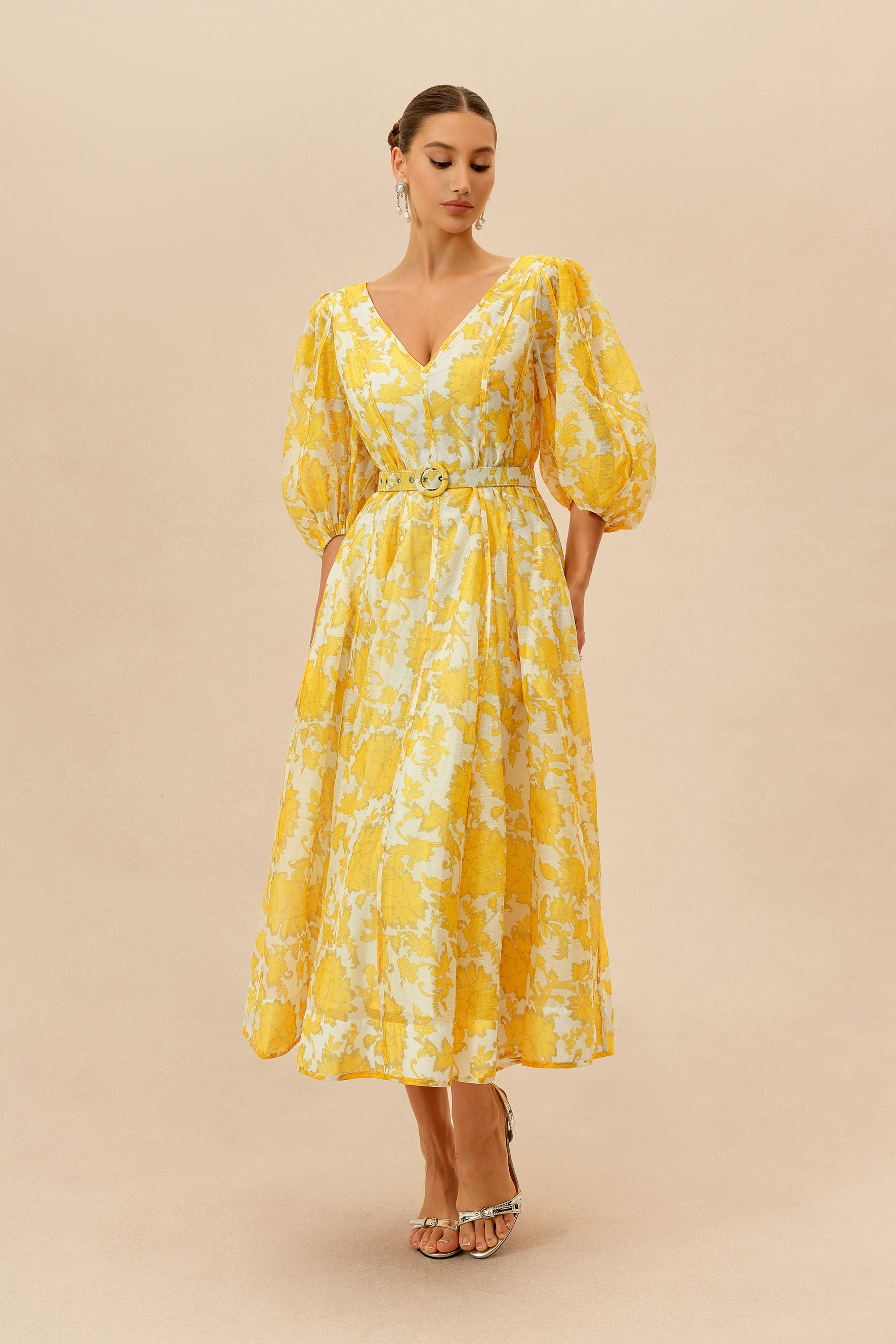 Spring Letters Yellow Printed Puff Sleeve Midi Dress